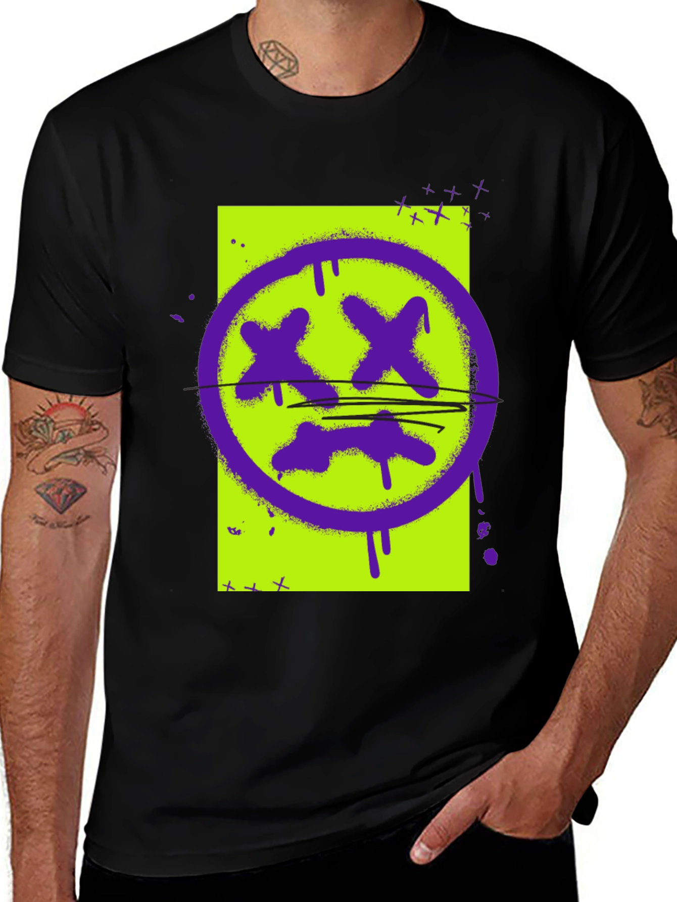 Graphic Print Tee - Grunge Smiley Face T-Shirt