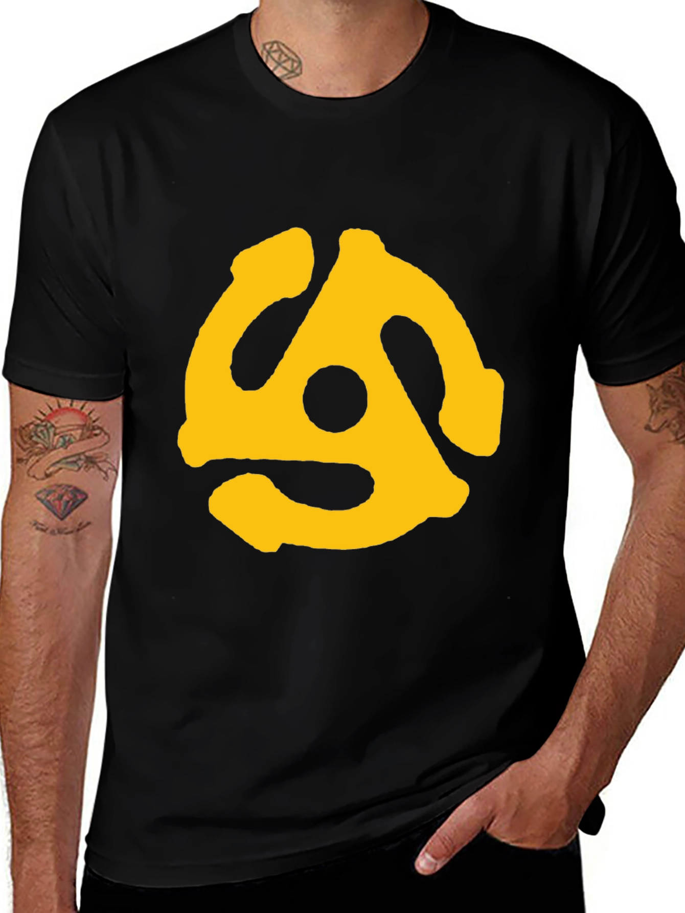 Variant 23 of Black T-Shirt with Yellow Record Adapter Graphic