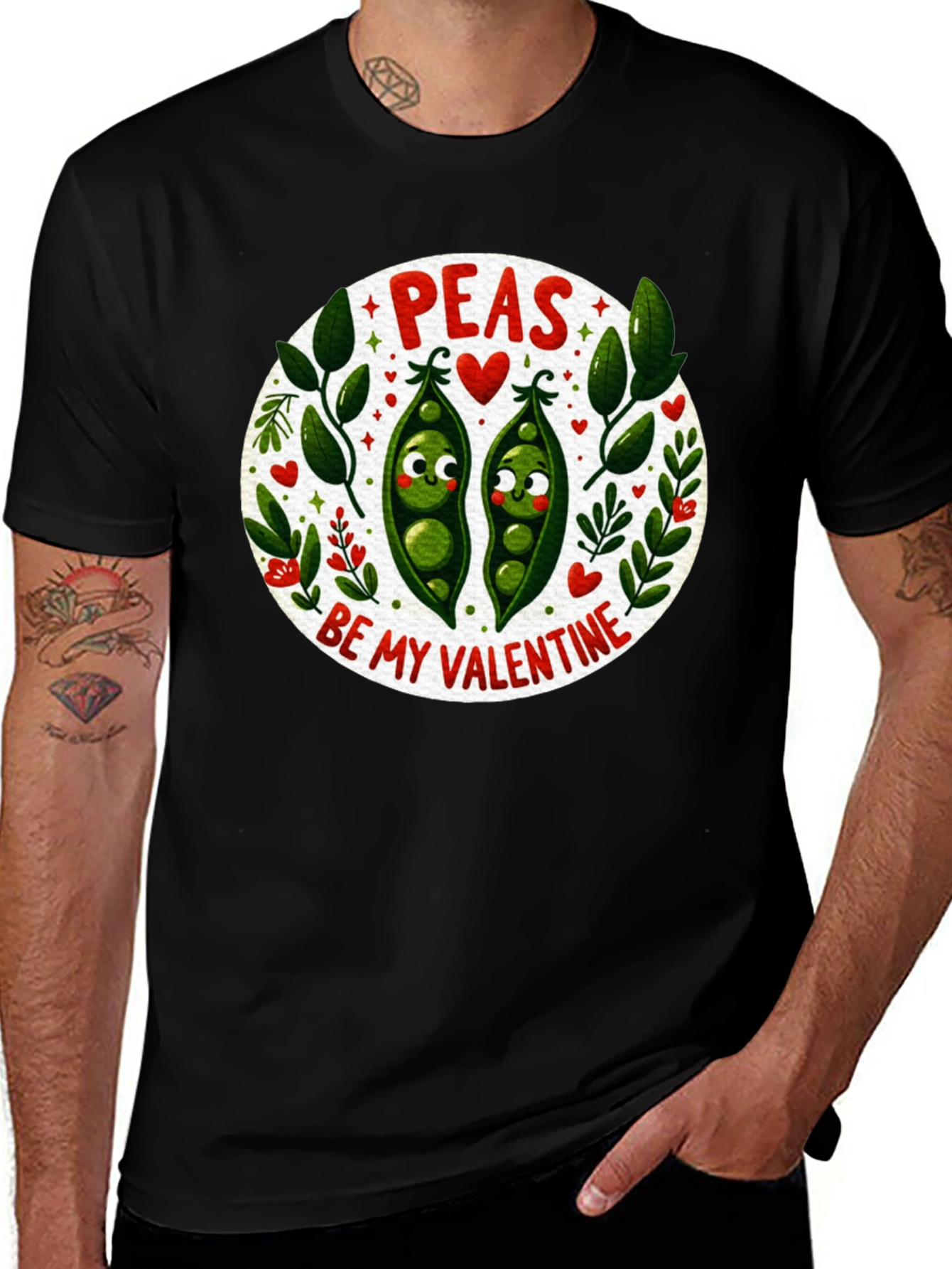 Peas Be My Valentine Black Graphic T-Shirt