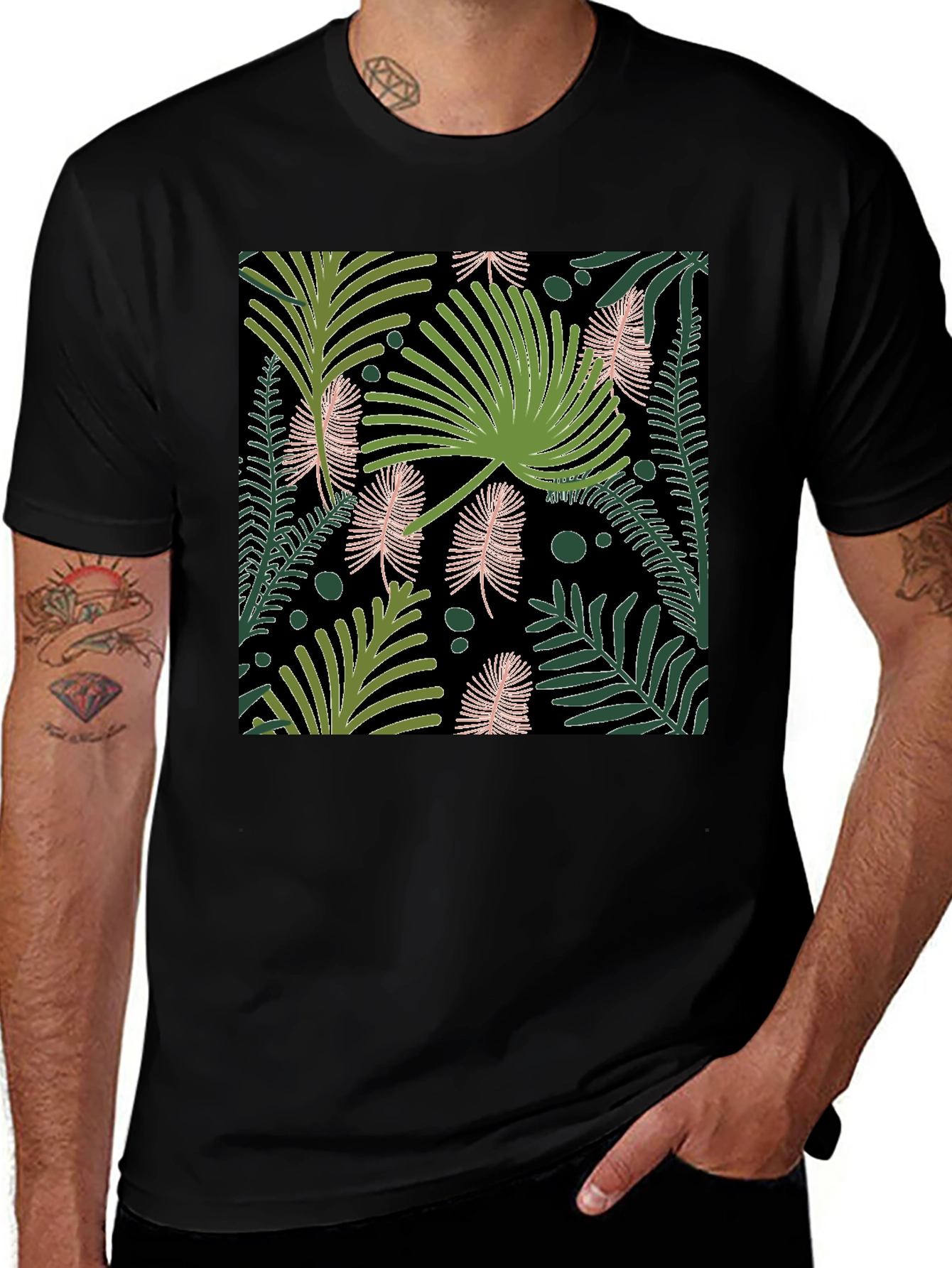 Variant 8 of Tropical Leaf Print Black T-Shirt