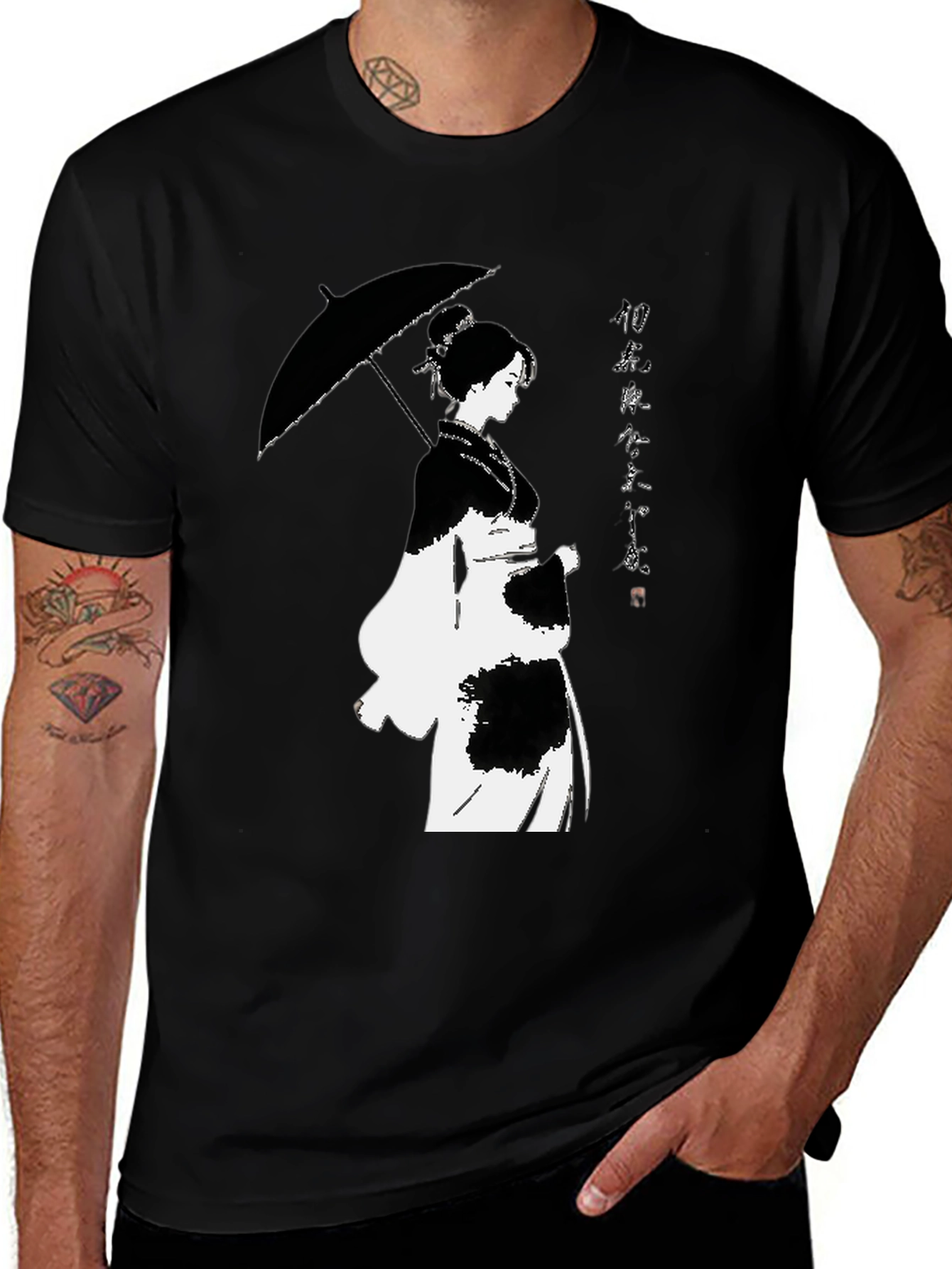 Variant 30 of Black T-Shirt with Japanese Woman Umbrella Design