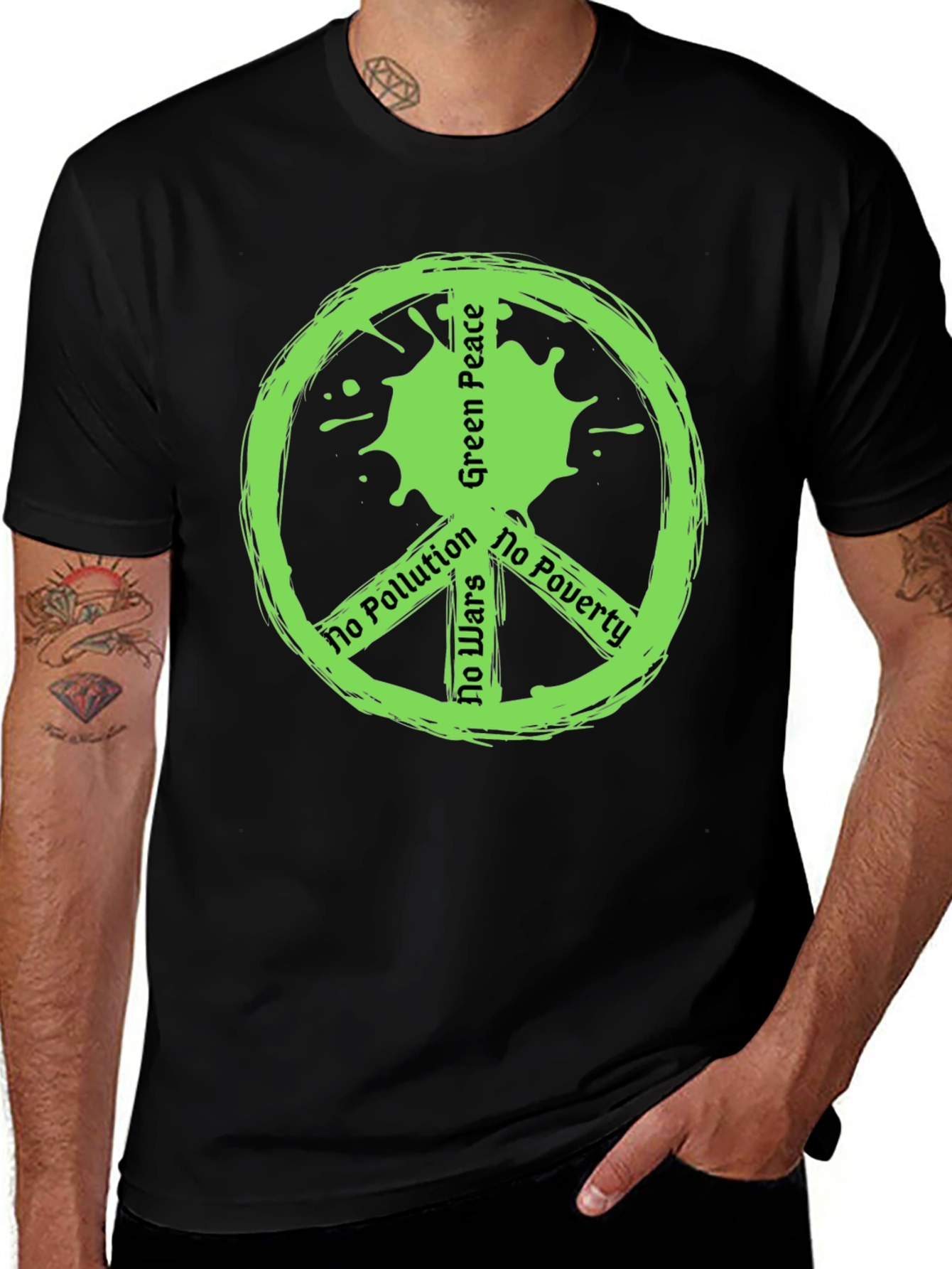 Variant 12 of Green Peace Symbol T-Shirt - No Pollution, Wars, Poverty