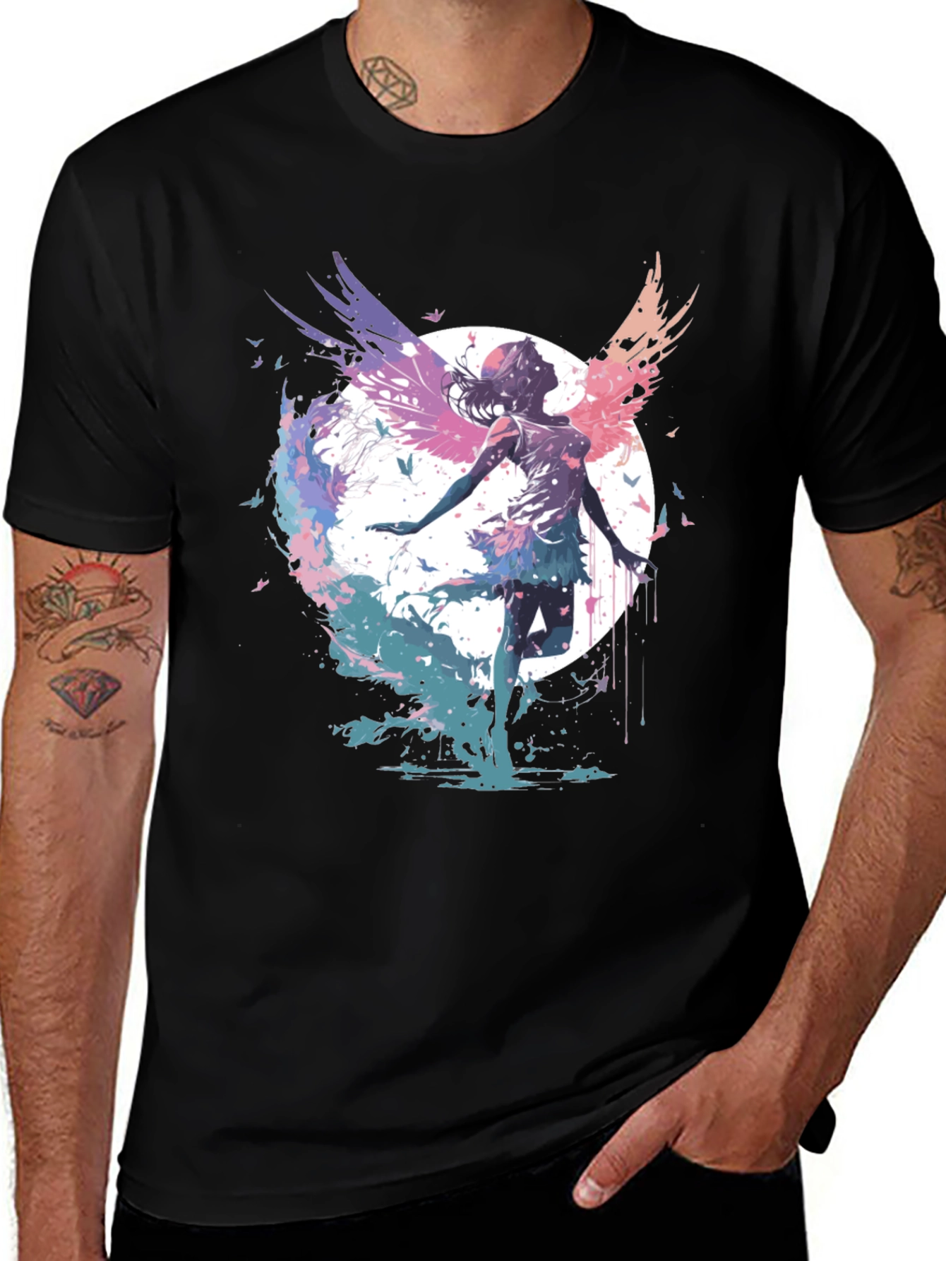 Variant 9 of Winged Fairy Graphic Tee - Artistic Black T-Shirt