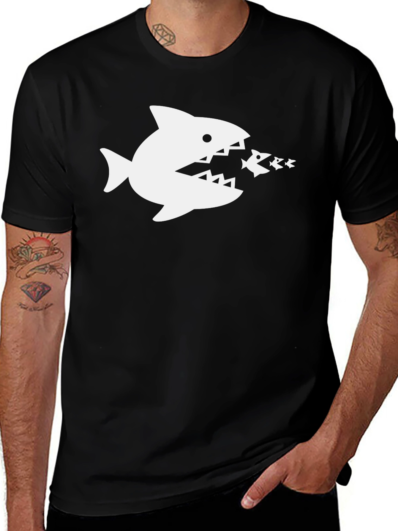 Variant 10 of Shark Eats Fish Graphic T-Shirt - Black Cotton Tee