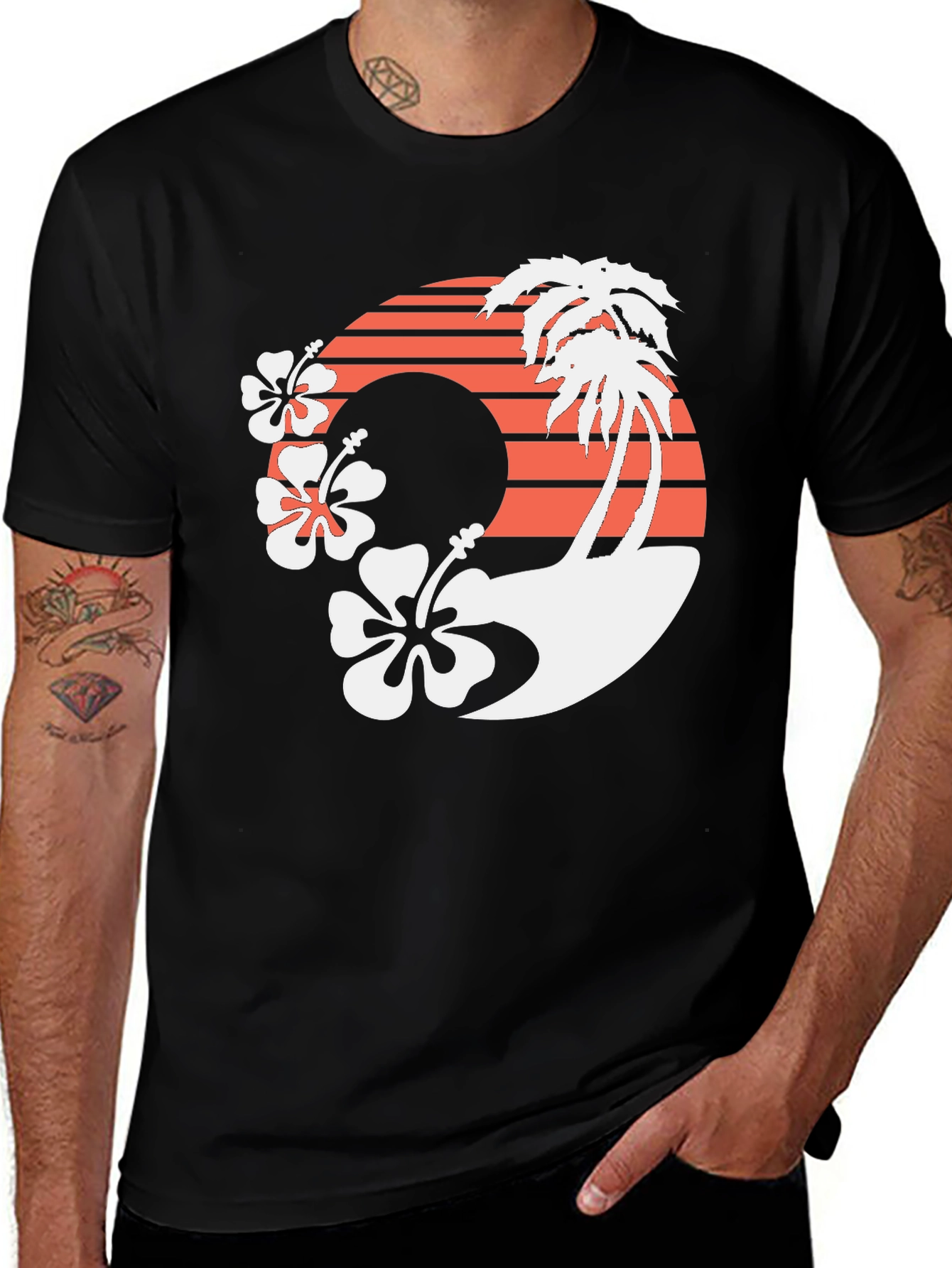 Variant 12 of Tropical Palm & Hibiscus Graphic Tee - Black