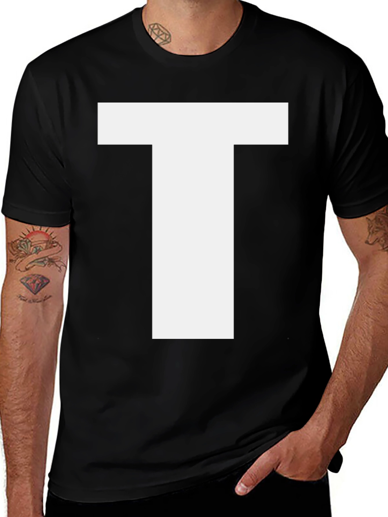 Variant 7 of Bold White Letter T Graphic Black Cotton T-Shirt