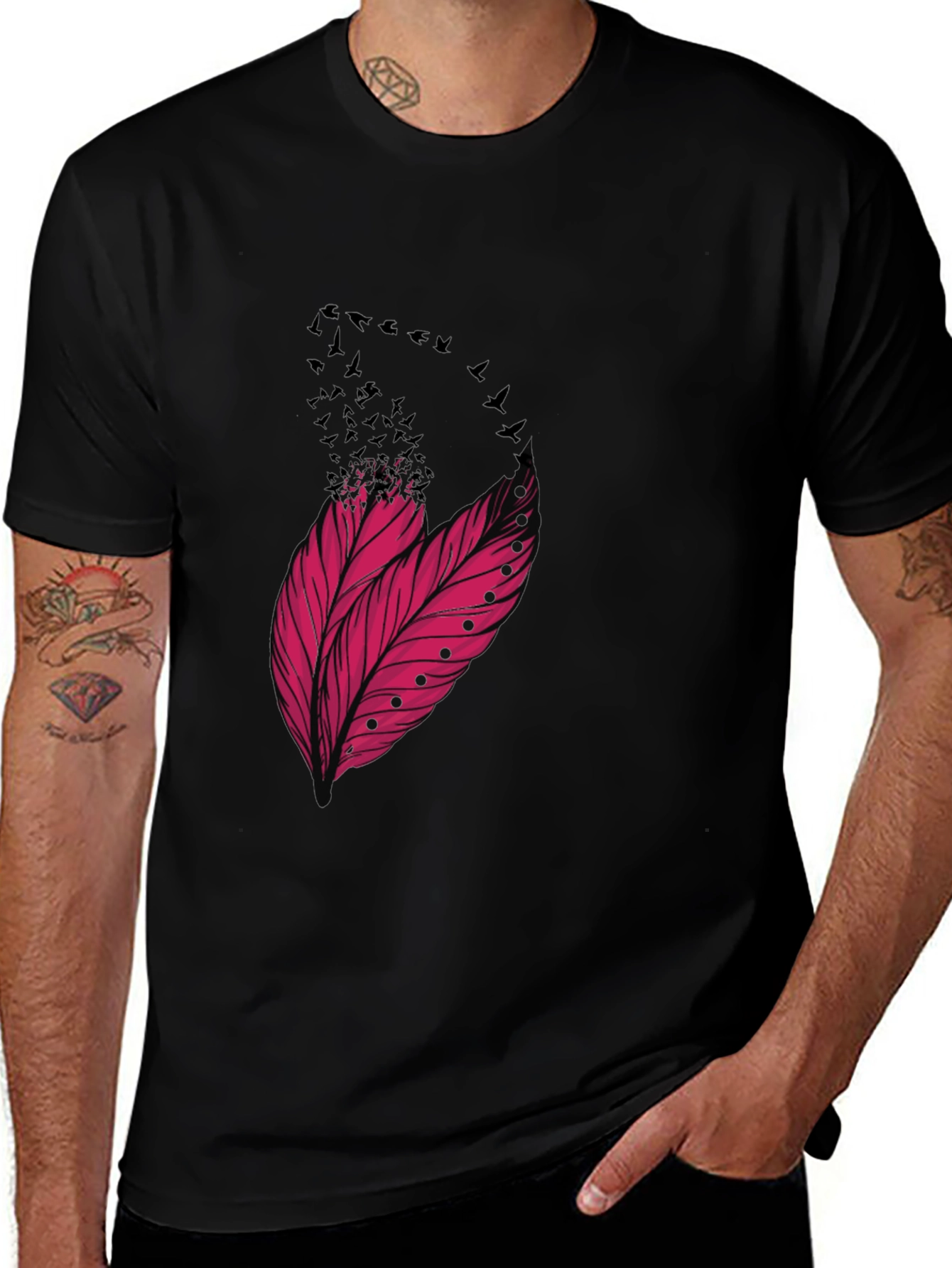 Feather & Birds Graphic Black T-Shirt