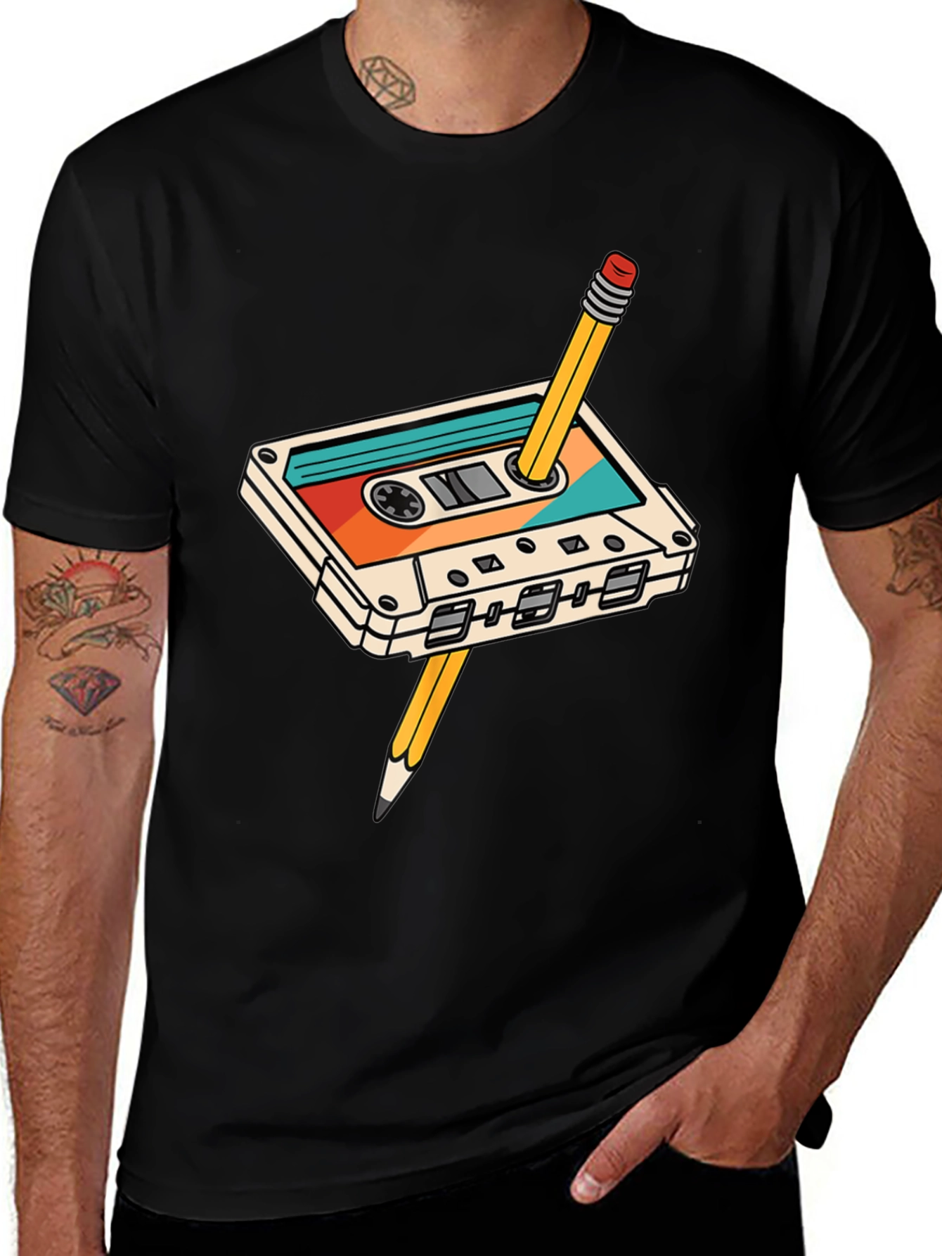 Variant 14 of Retro Cassette Tape & Pencil Black T-Shirt