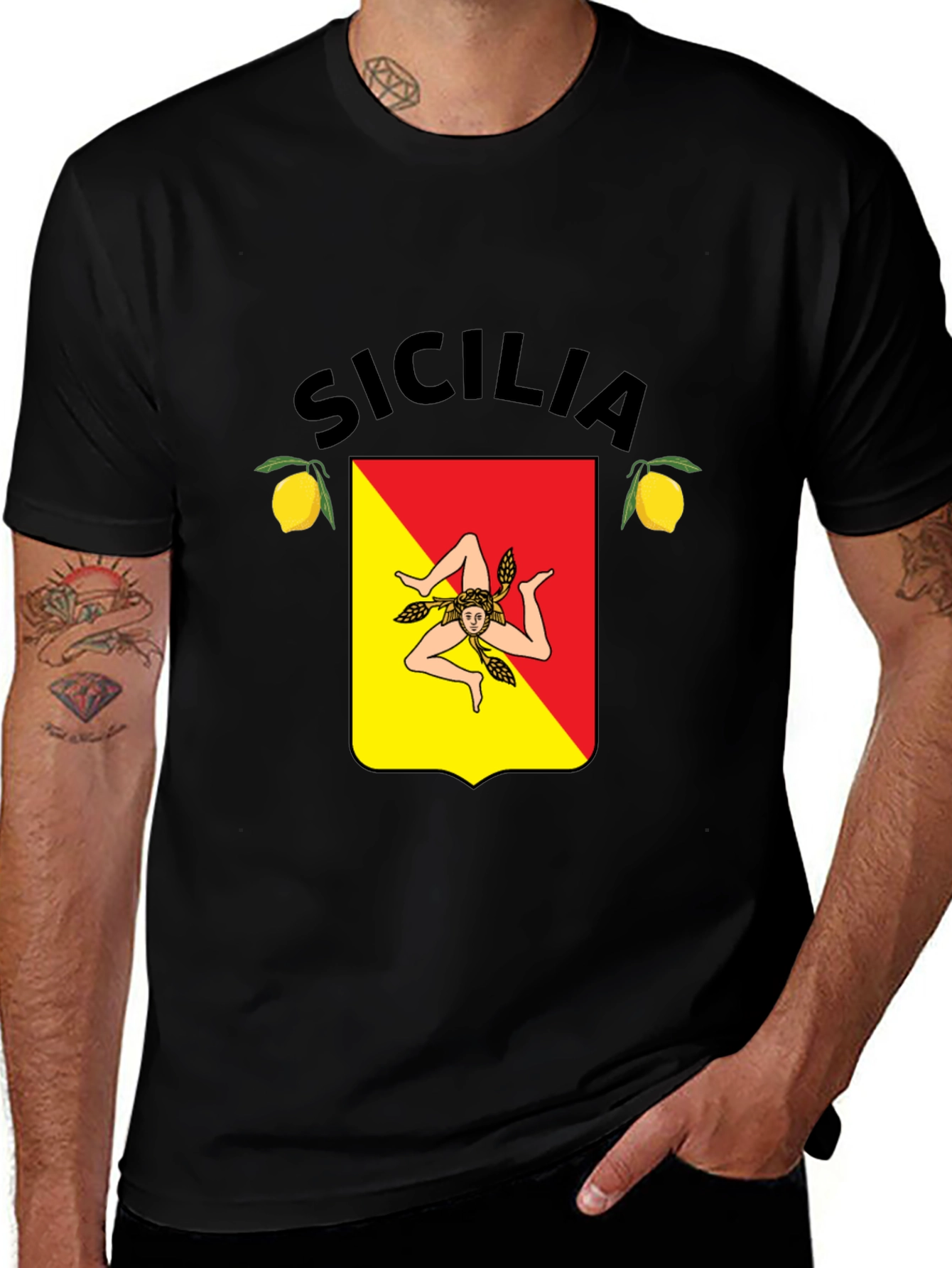 Sicilia Trinacria T-Shirt Black Cotton
