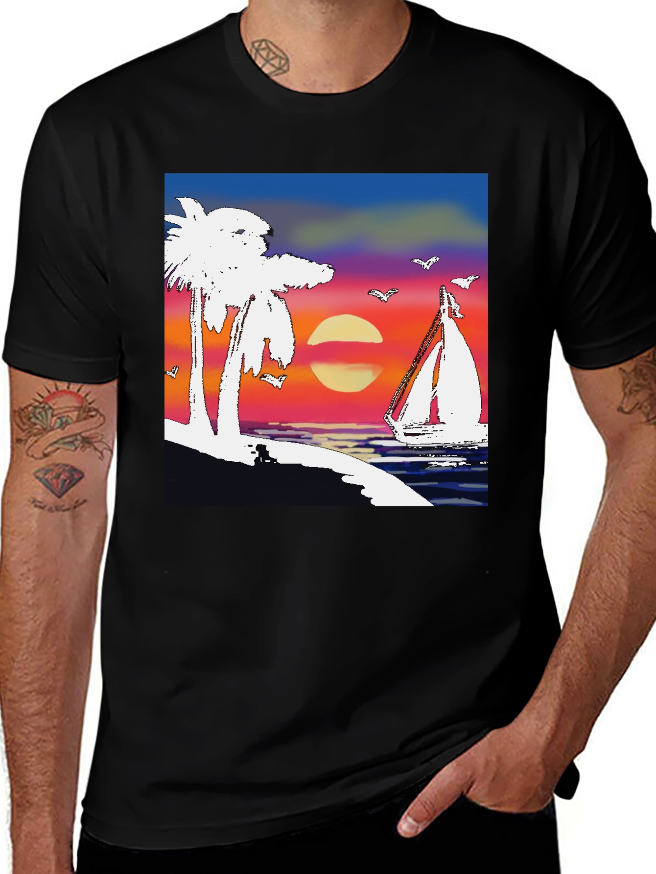 Variant 29 of Tropical Sunset Graphic Tee - Sailboat & Palm Trees