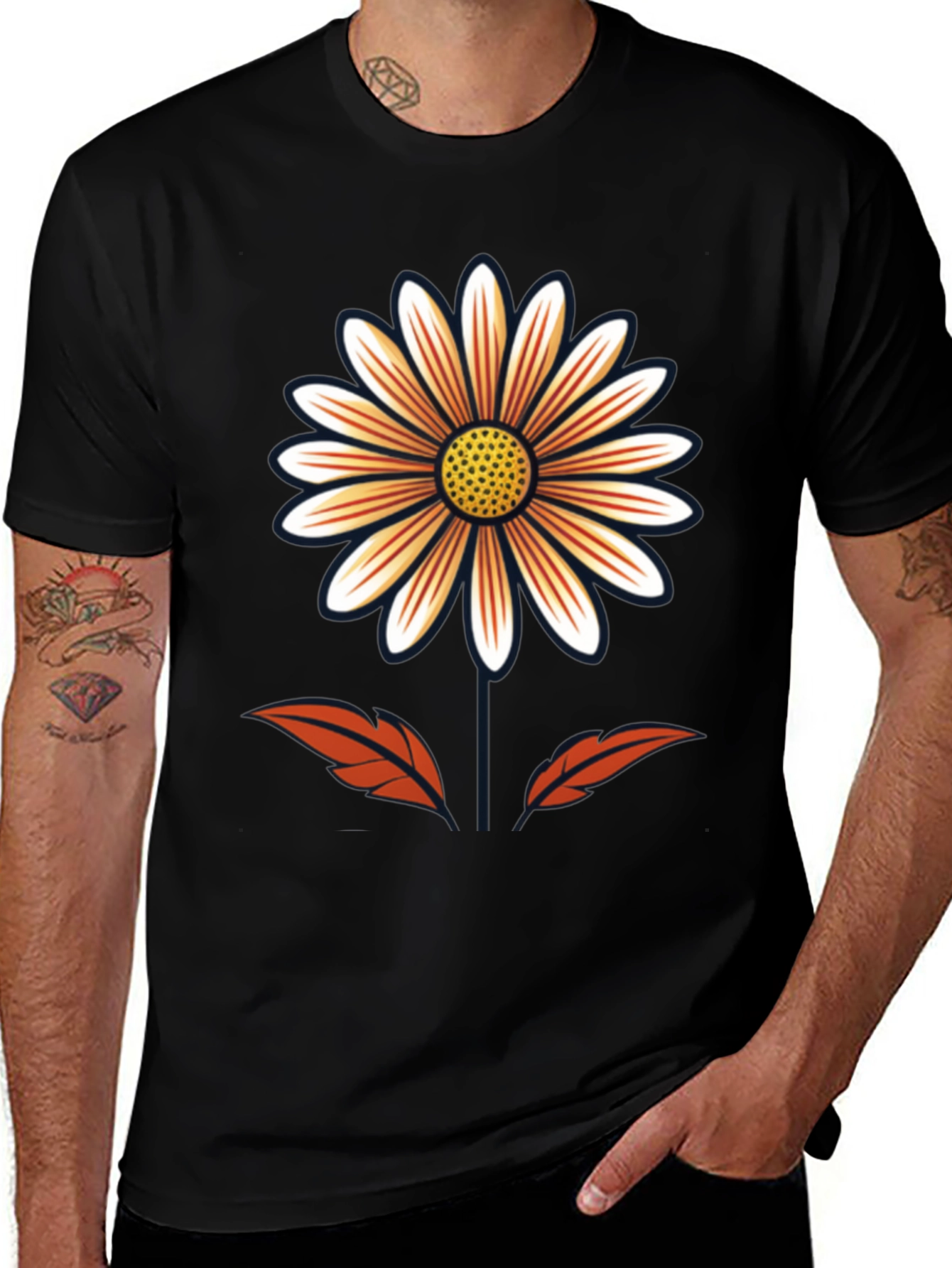 Variant 17 of Black T-Shirt with Floral Daisy Design