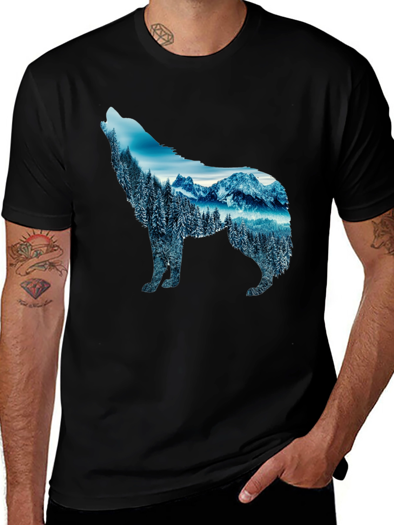 Variant 14 of Wolf Silhouette Mountain Scene Graphic Tee - Black