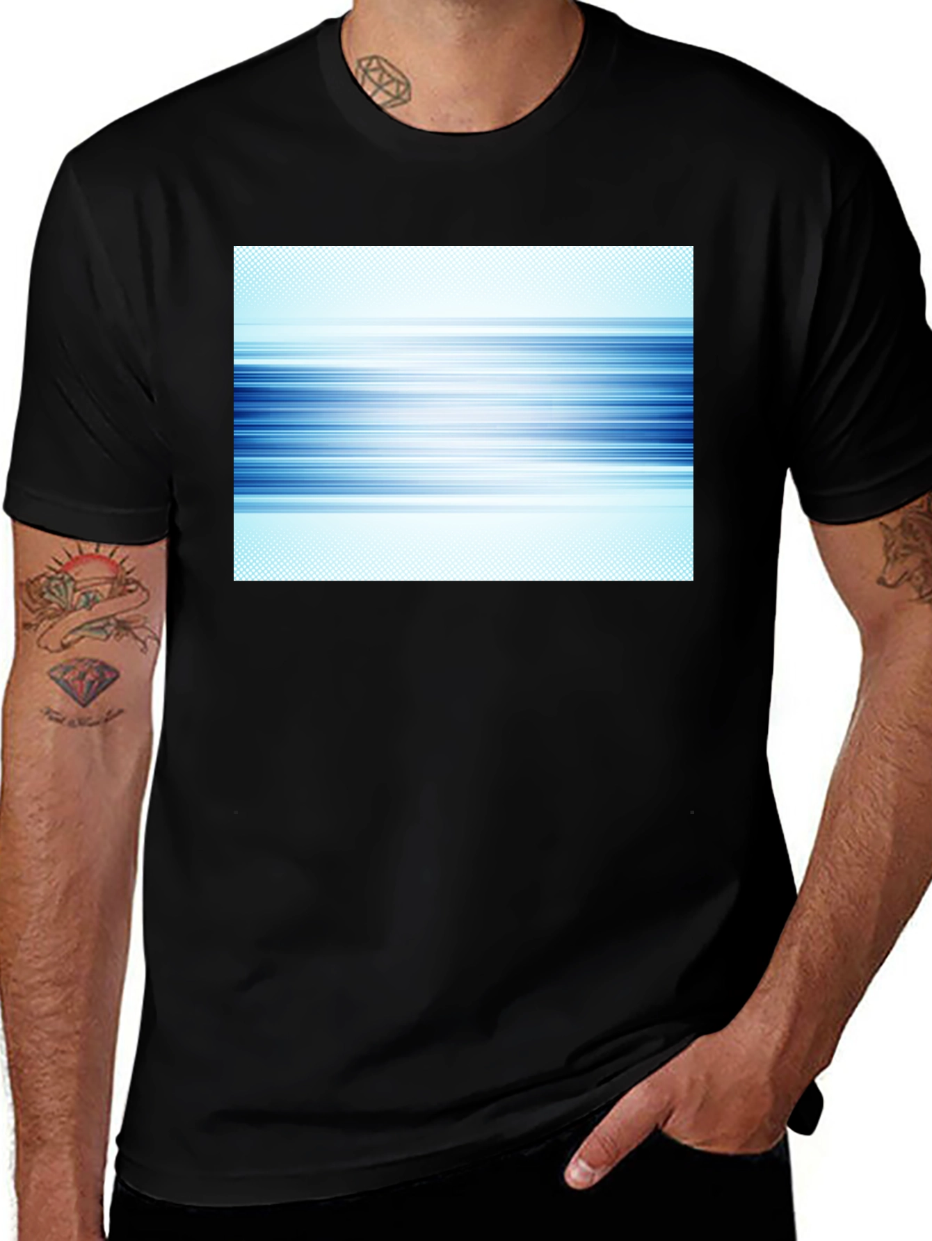 Abstract Blue Lines Graphic Black T-Shirt