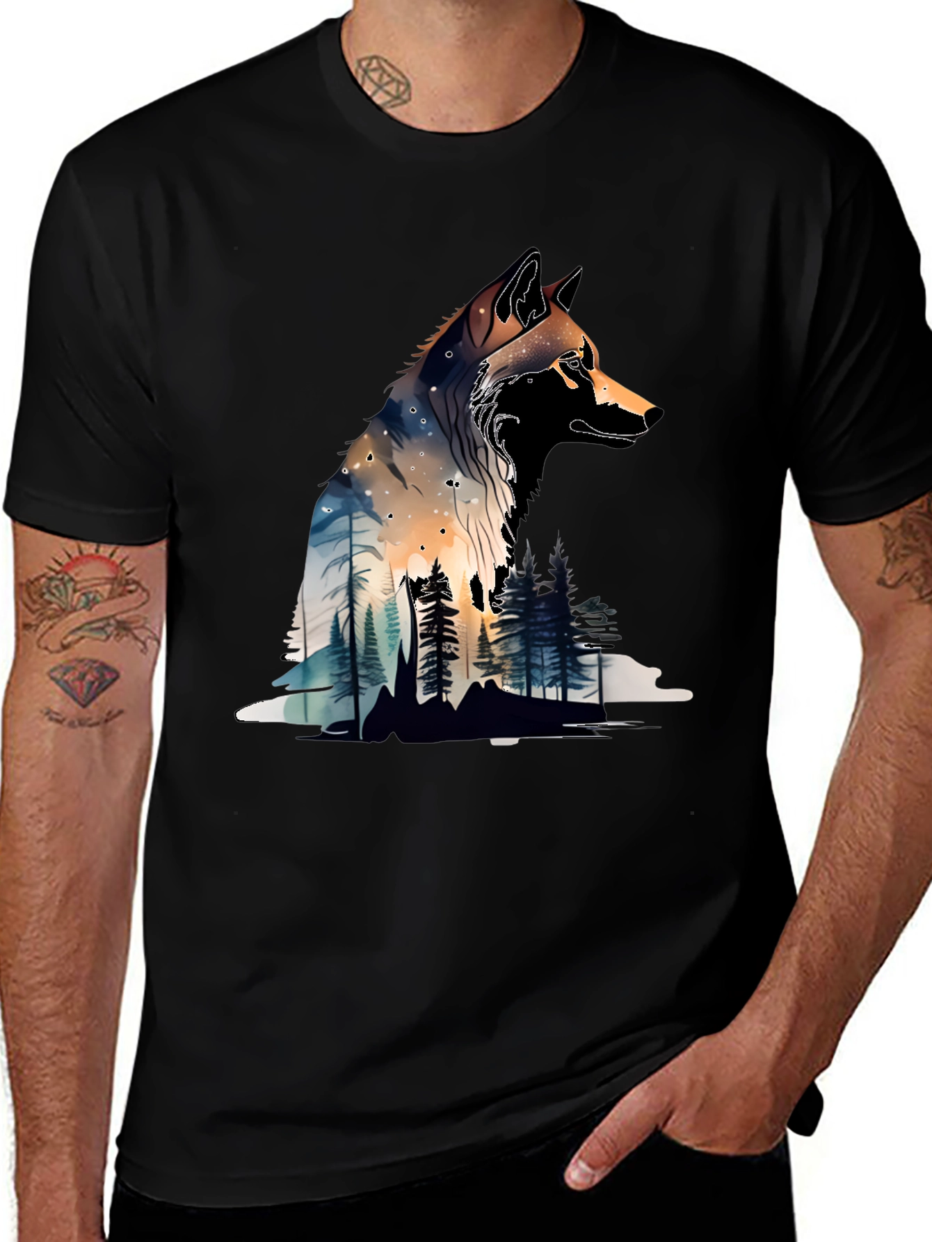 Variant 11 of Wolf & Forest Graphic Print Black T-Shirt