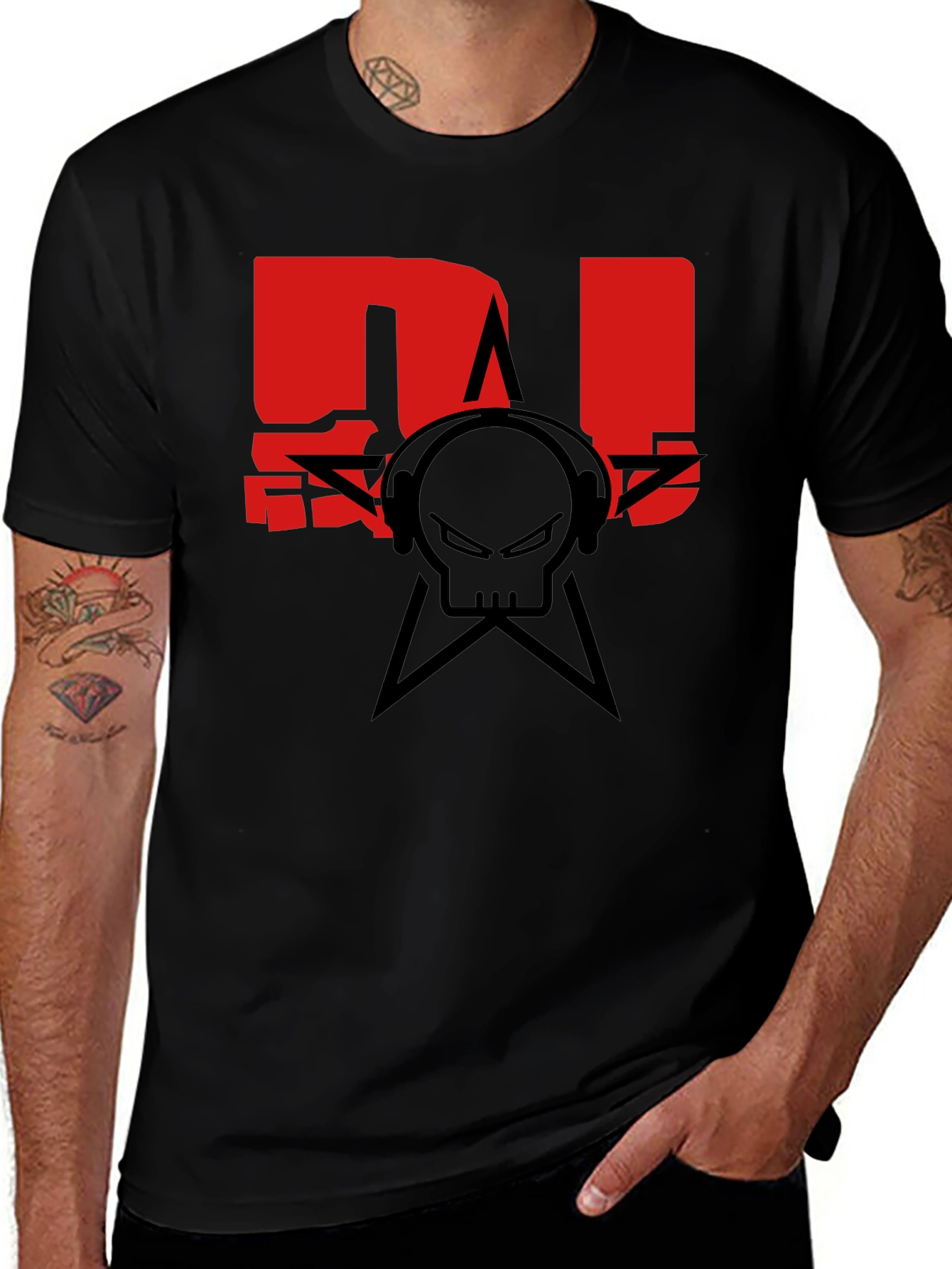 Variant 23 of DJ Skull Star Graphic Tee - Black Cotton T-Shirt