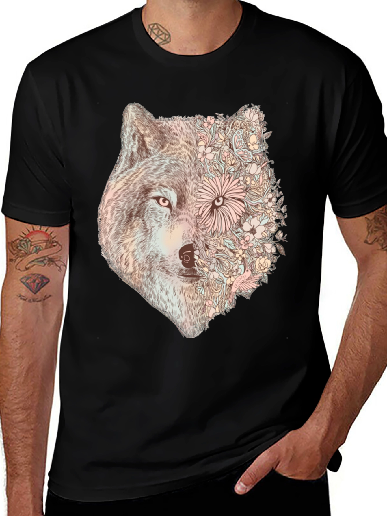 Variant 8 of Floral Wolf Graphic Tee - Stylish Men's Black T-Shirt