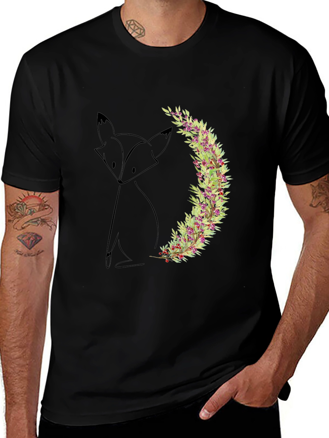 Variant 16 of Fox & Floral Crescent Black T-Shirt