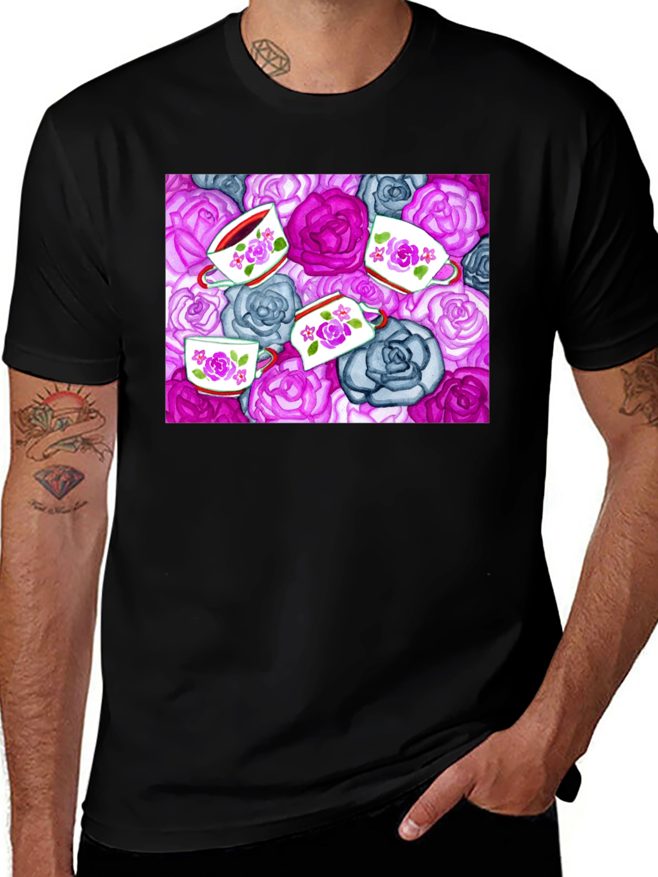 Variant 11 of Floral Tea Cup Patterned Black T-shirt