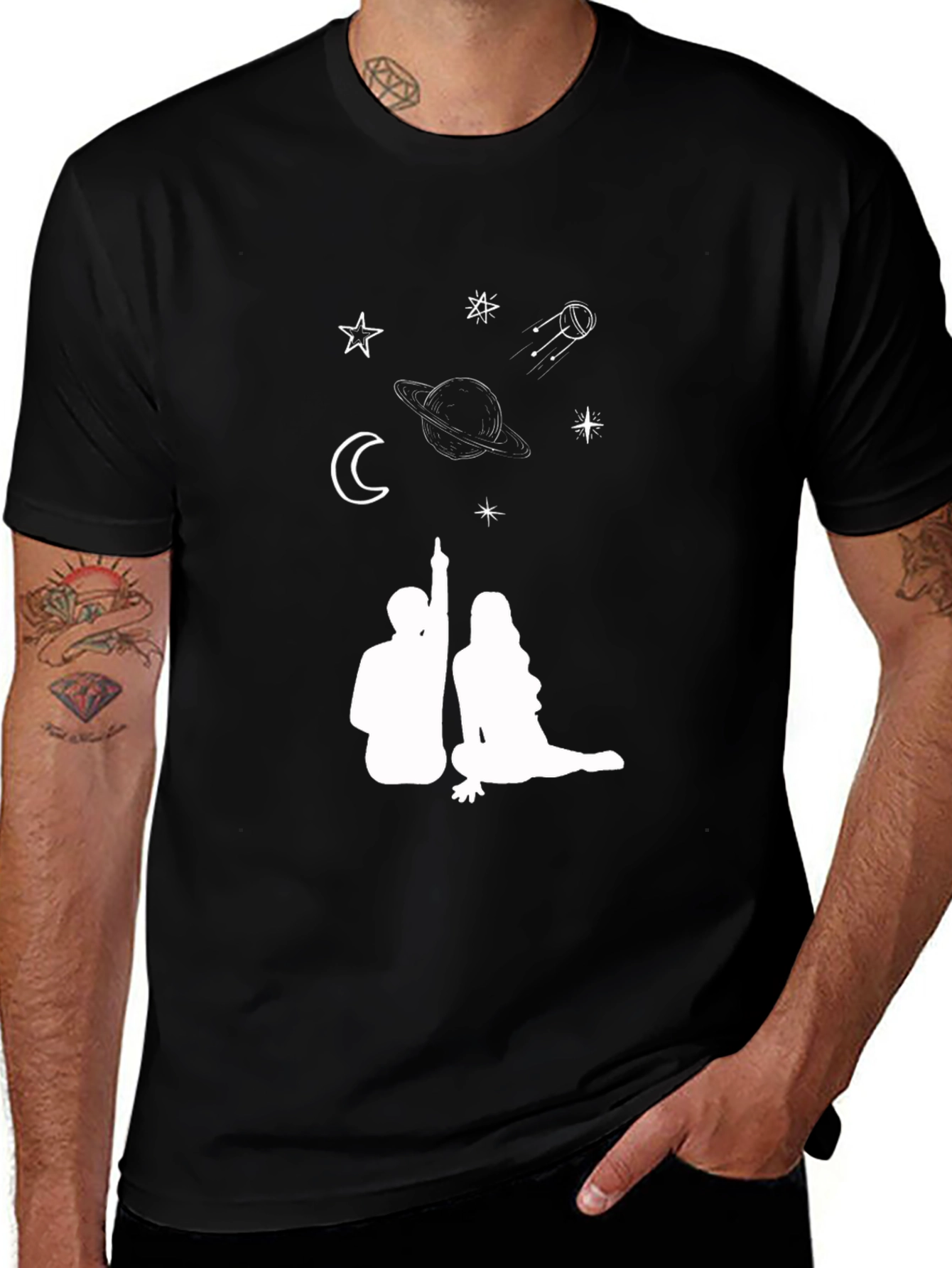Variant 14 of Celestial Lovers Graphic Tee - Black Cotton Blend