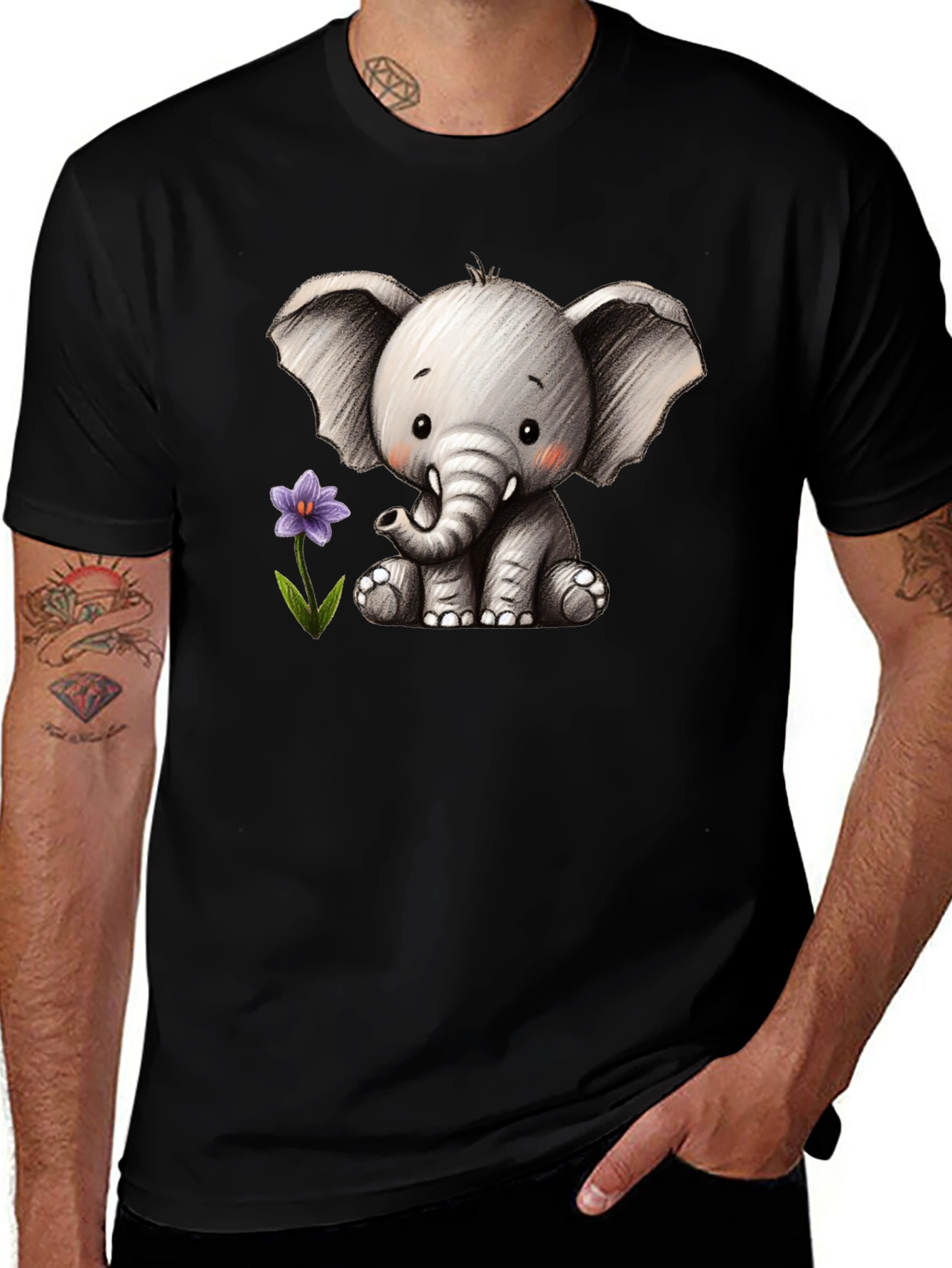 Variant 30 of Cute Elephant & Flower Graphic Tee - Black