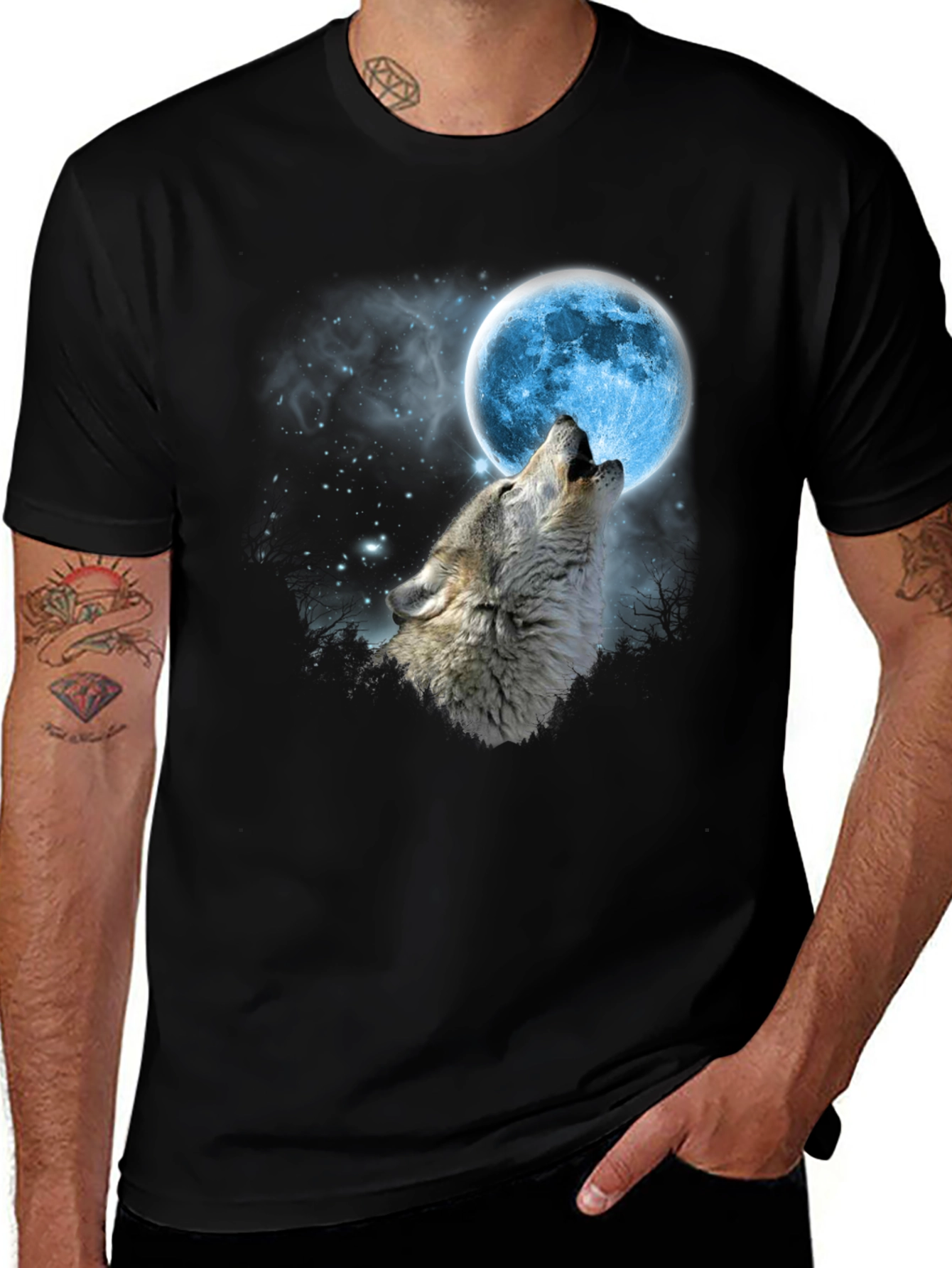 Variant 13 of Wolf Howling at Moon Graphic T-Shirt - Black