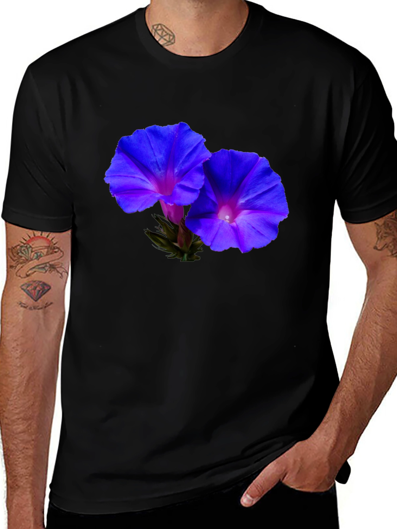 Variant 20 of Floral Morning Glory Print Black T-Shirt