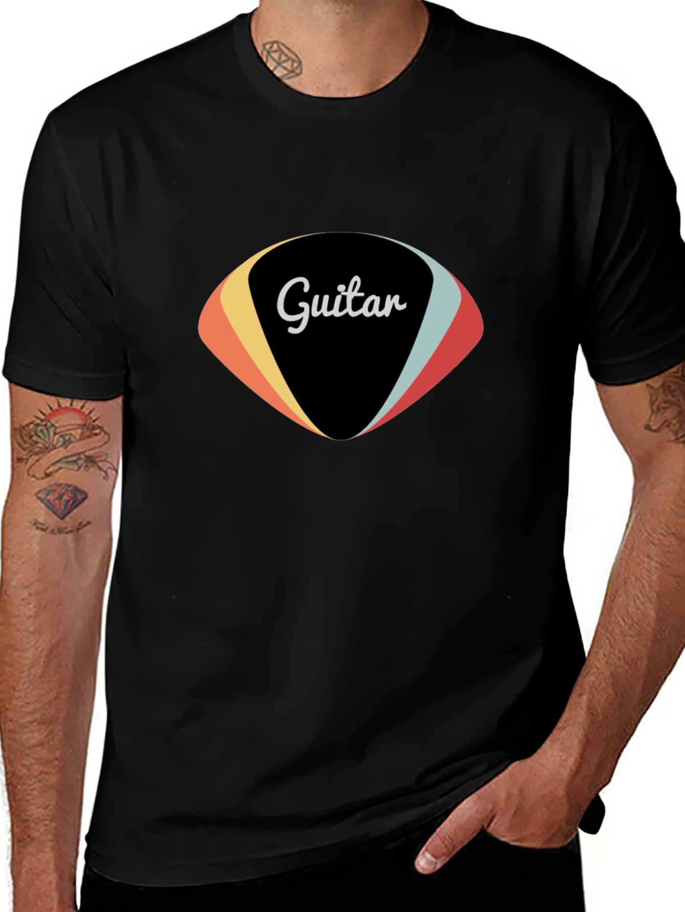Variant 9 of Retro Guitar Pick Graphic Tee - Black Cotton