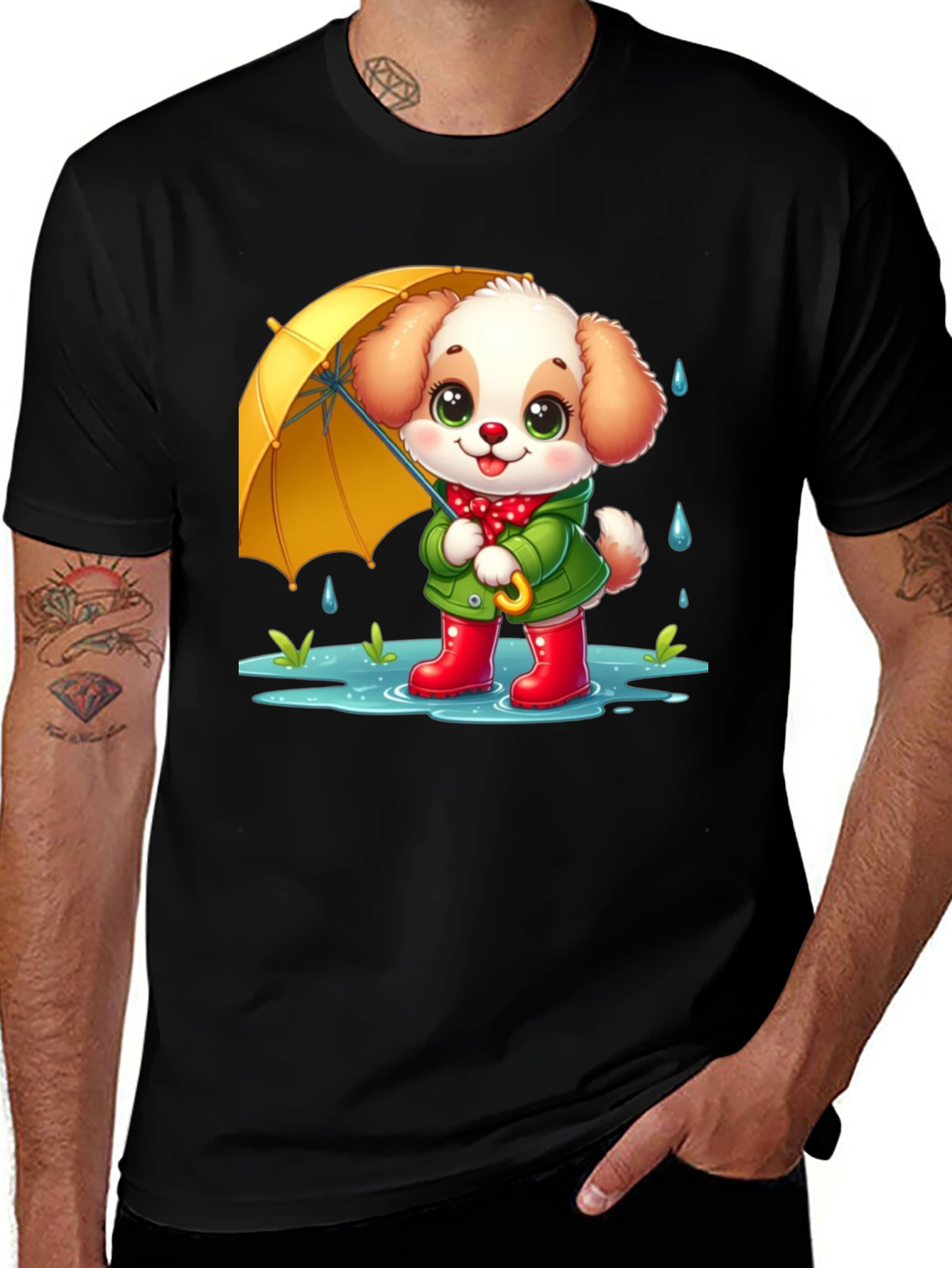 Variant 15 of Cute Puppy in Rain Cartoon Black T-Shirt