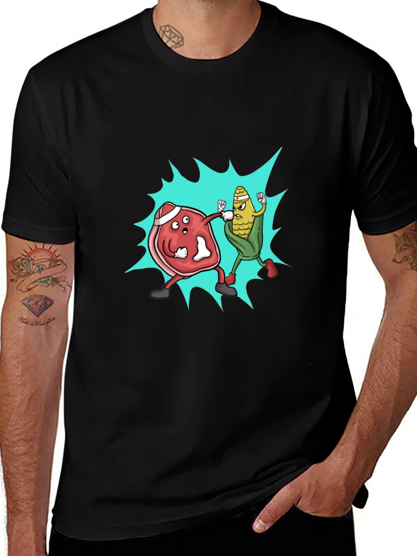 Variant 21 of Meat vs. Corn Cartoon Black T-Shirt