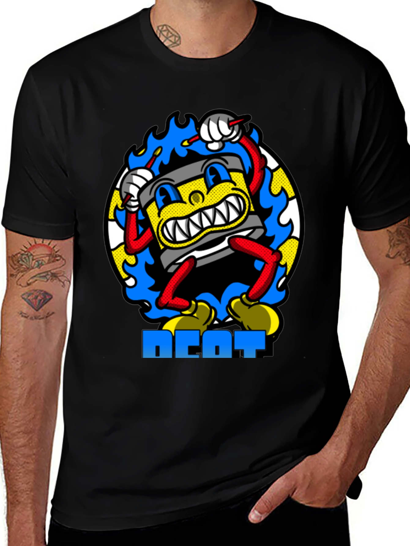 Black Retro Cartoon Drum Beat T-Shirt - Black Cotton main image