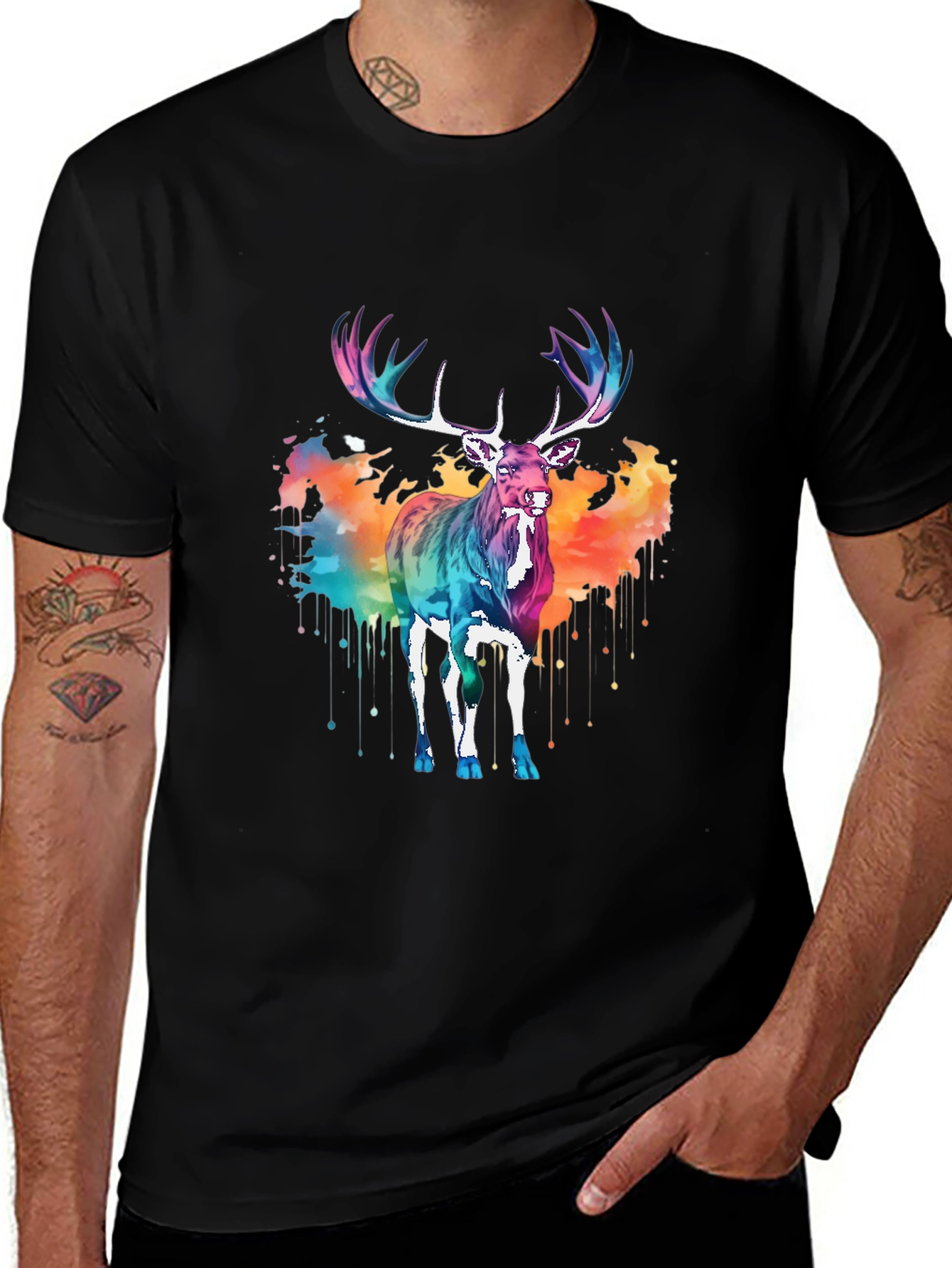 Colorful Deer Graphic Tee - Men's Black T-Shirt