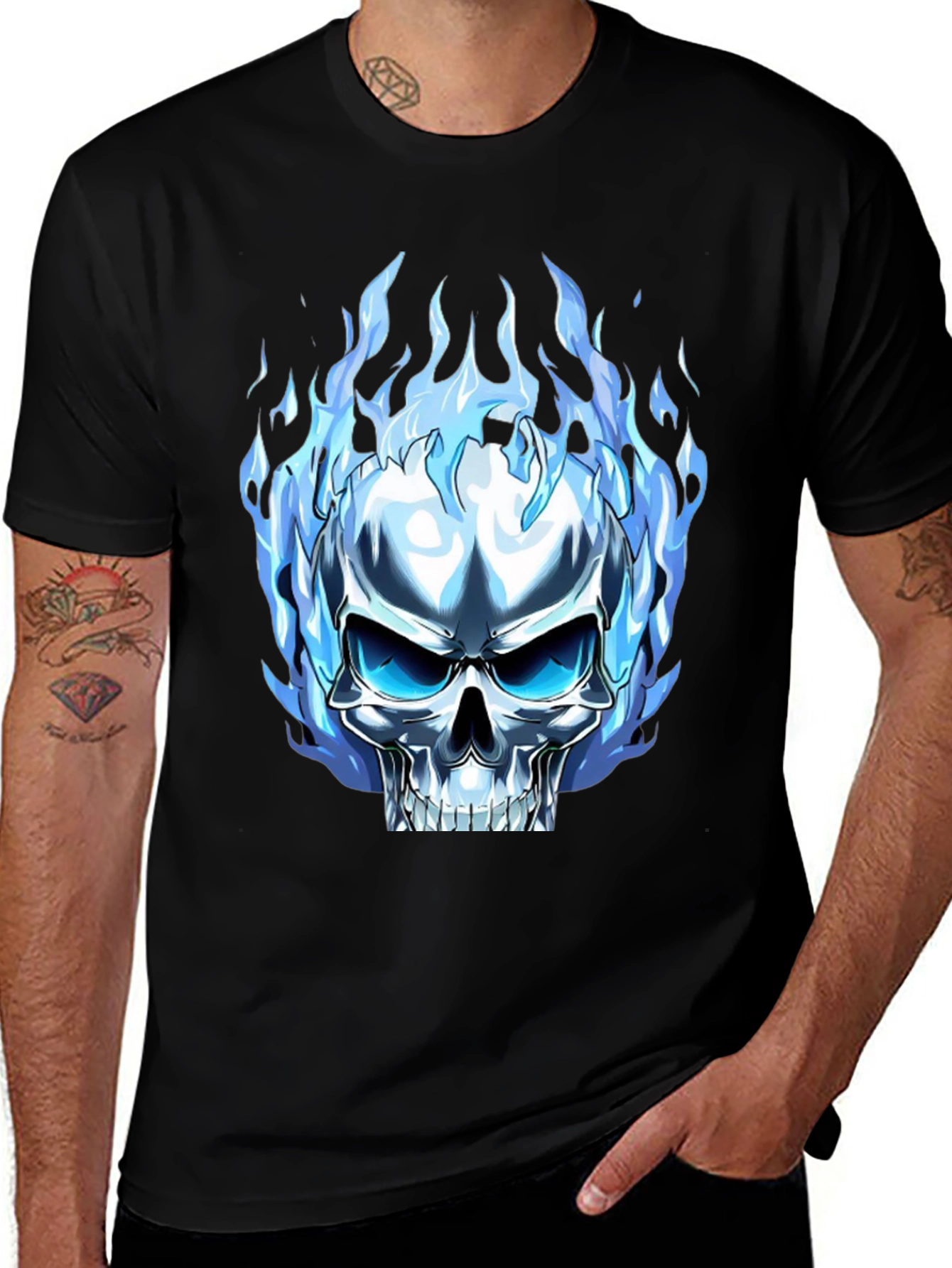 Variant 19 of Men's Black T-Shirt - Flaming Skull Design