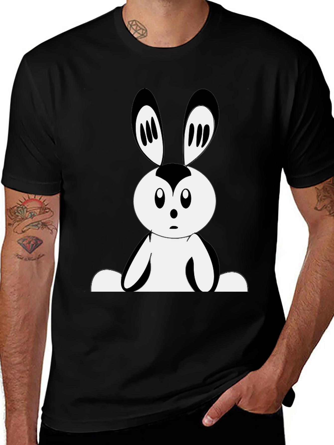 Variant 23 of Cartoon Bunny Graphic Tee - Black Cotton Casual Wear