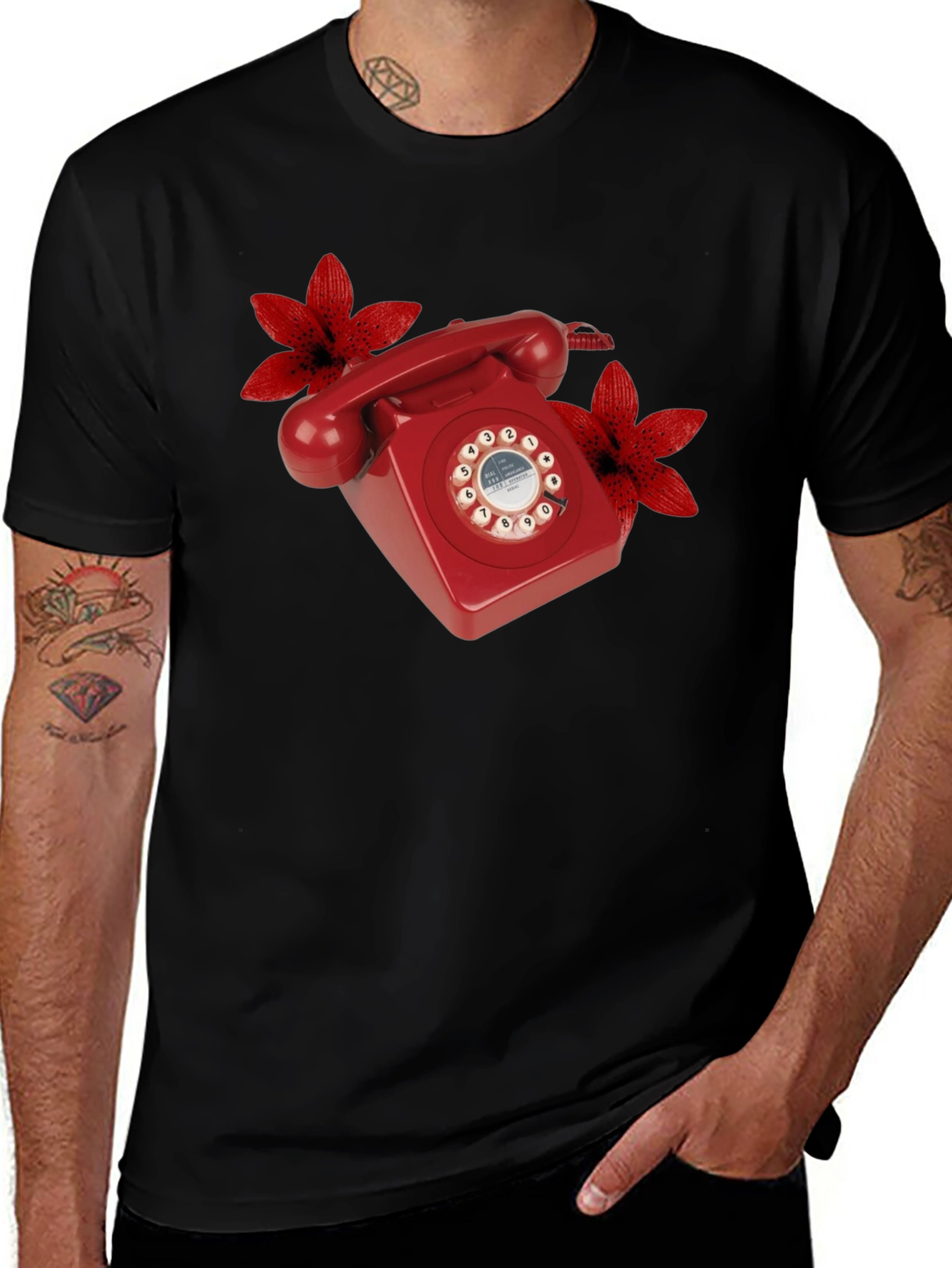 Variant 20 of Retro Red Rotary Phone Floral T-Shirt