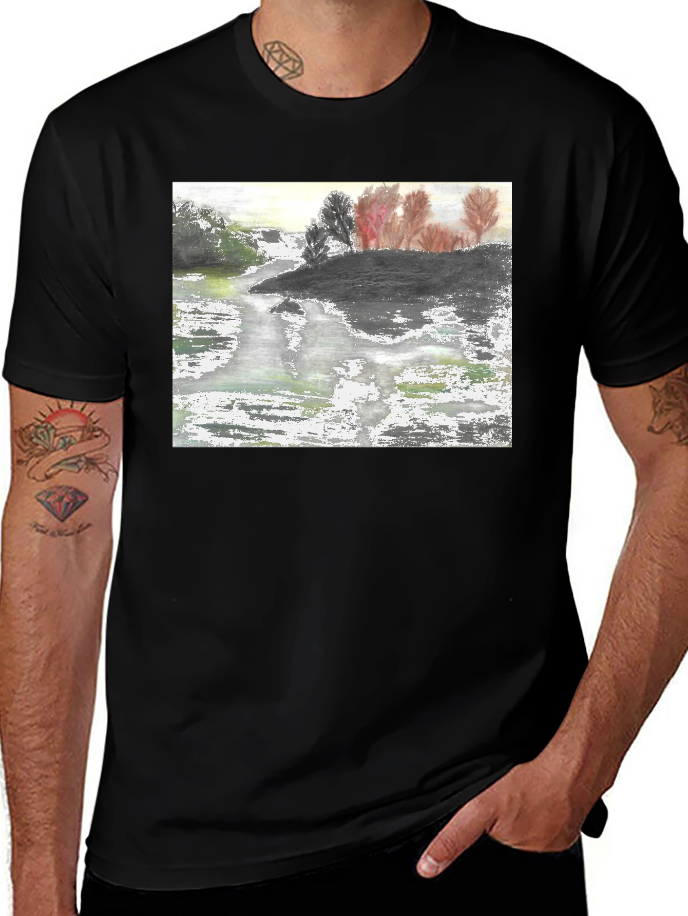 Variant 28 of Nature River Painting Black Tee
