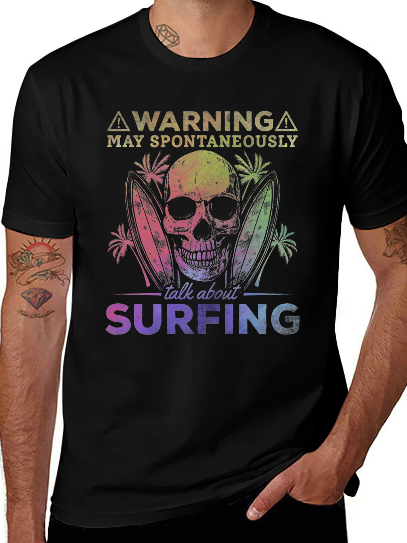 Variant 8 of Surfing Skeleton Graphic Tee - Warning Spontaneous Talk