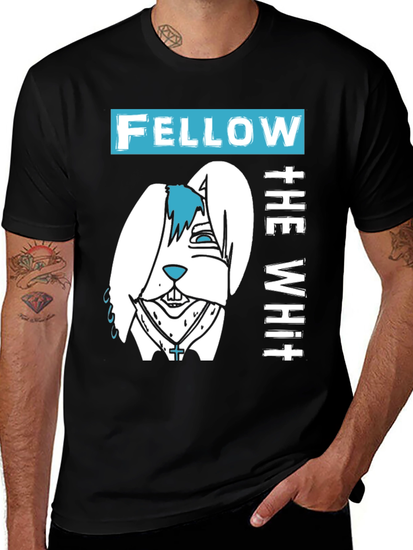 Variant 18 of Fellow The White T-Shirt with Cartoon Bunny Design