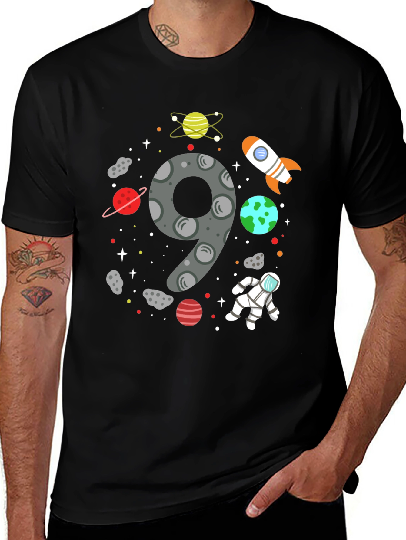 Ninth Birthday Space Theme Black T-Shirt