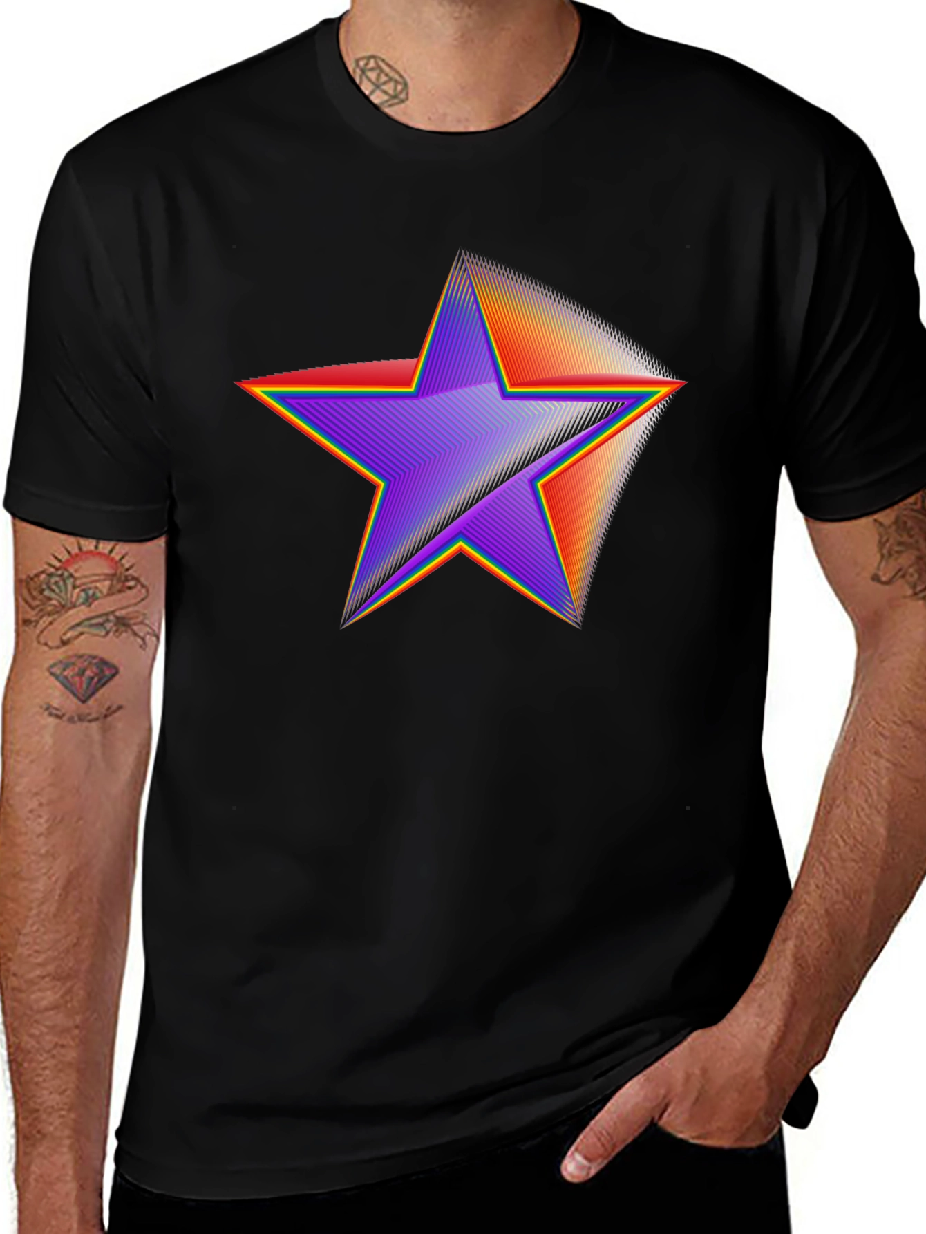 Variant 18 of Rainbow Star Graphic Tee - Stylish Black Cotton T-Shirt