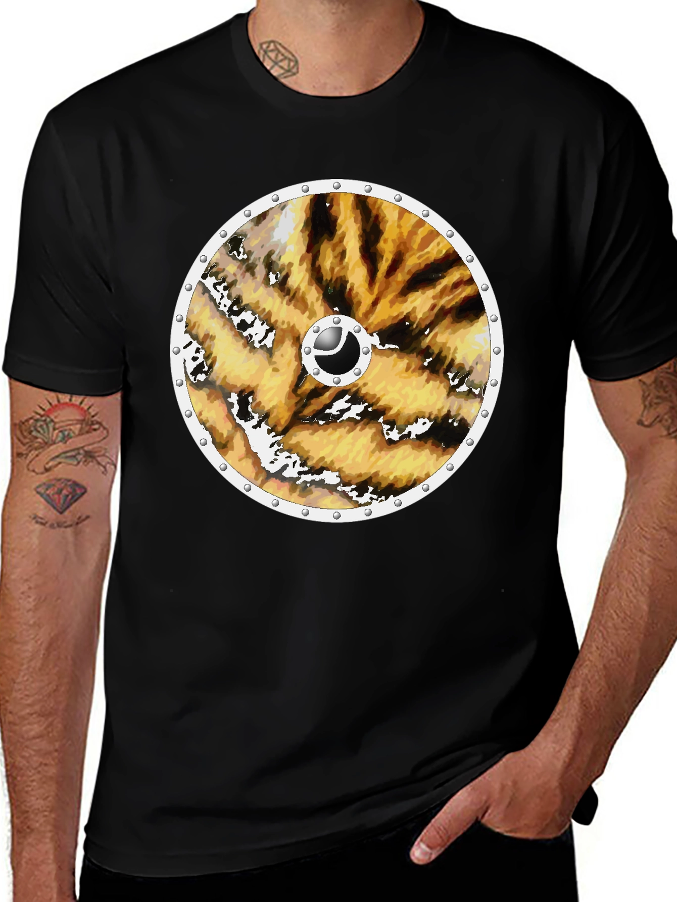 Tiger Print Viking Shield Black Tee