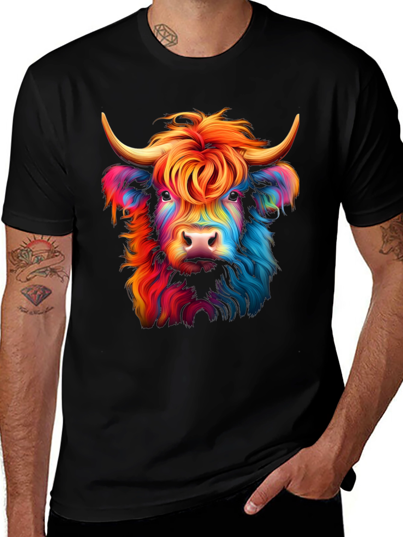 Variant 14 of Rainbow Highland Cow Graphic Tee - Black