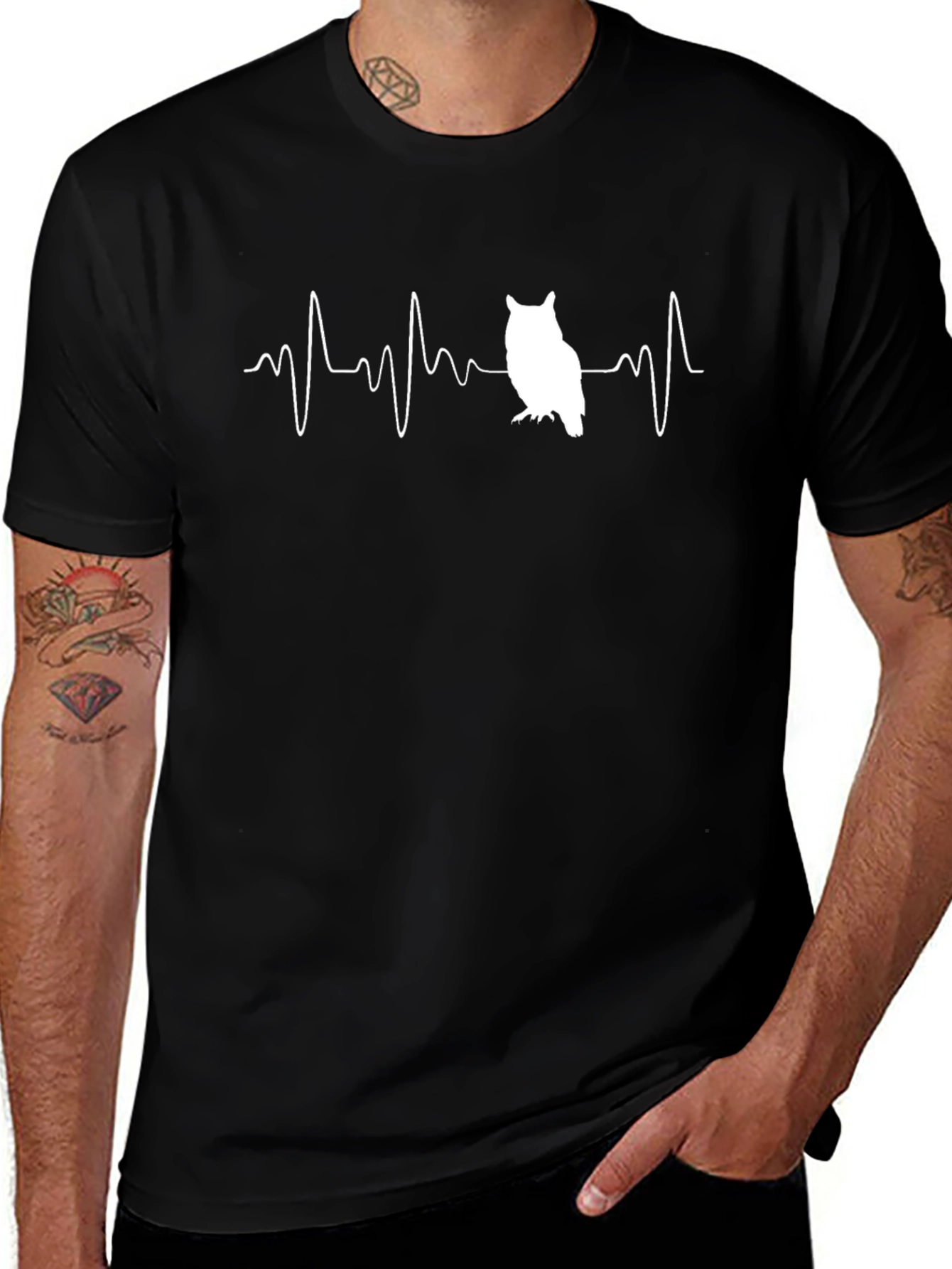 Variant 29 of Owl Heartbeat T-Shirt - Black Crew Neck Tee