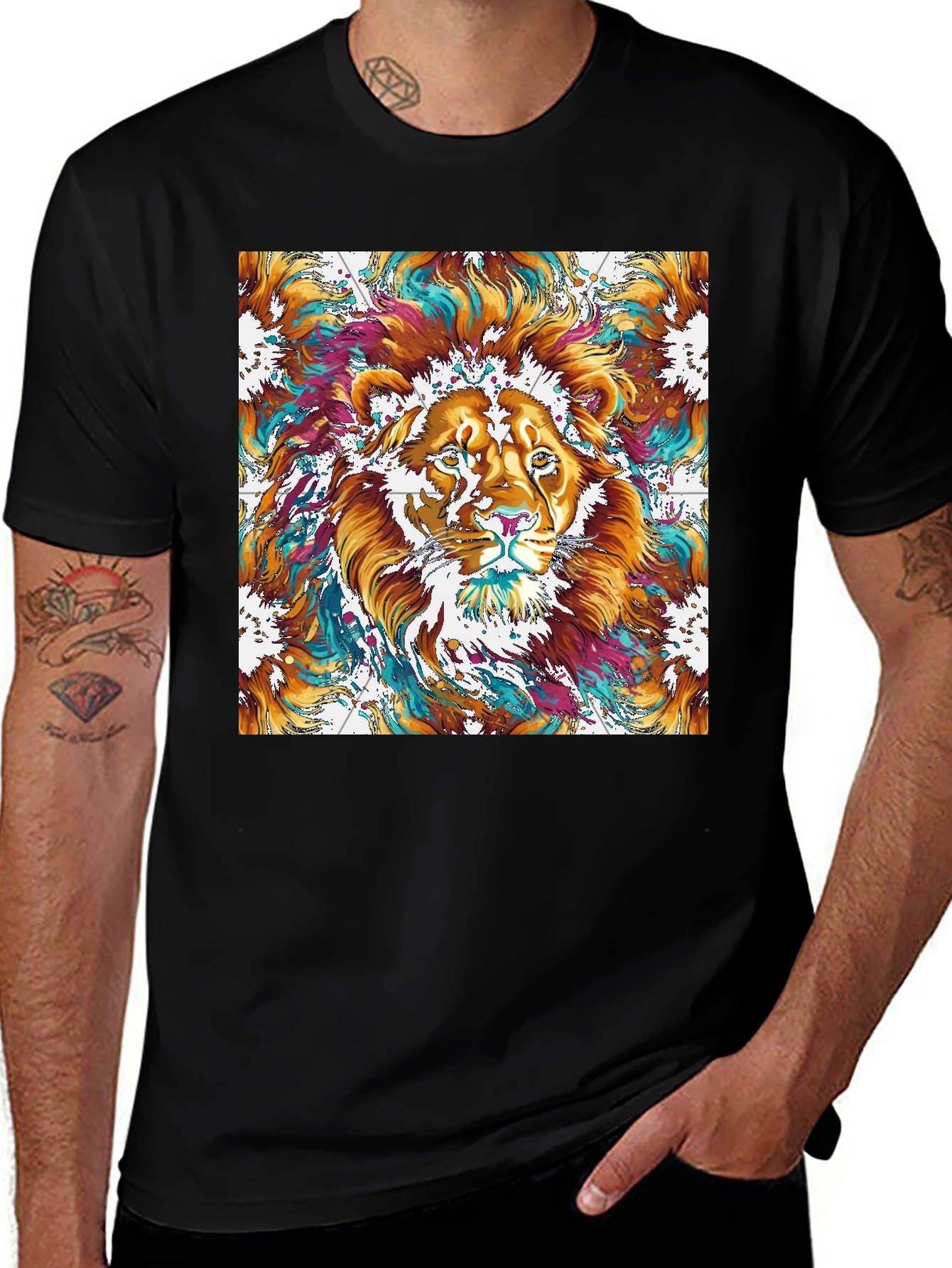 Variant 7 of Lion Art Graphic Print Black T-Shirt