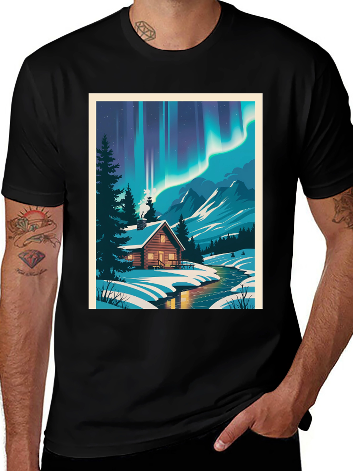 Variant 24 of Cabin Under Aurora T-Shirt - Winter Scene Tee
