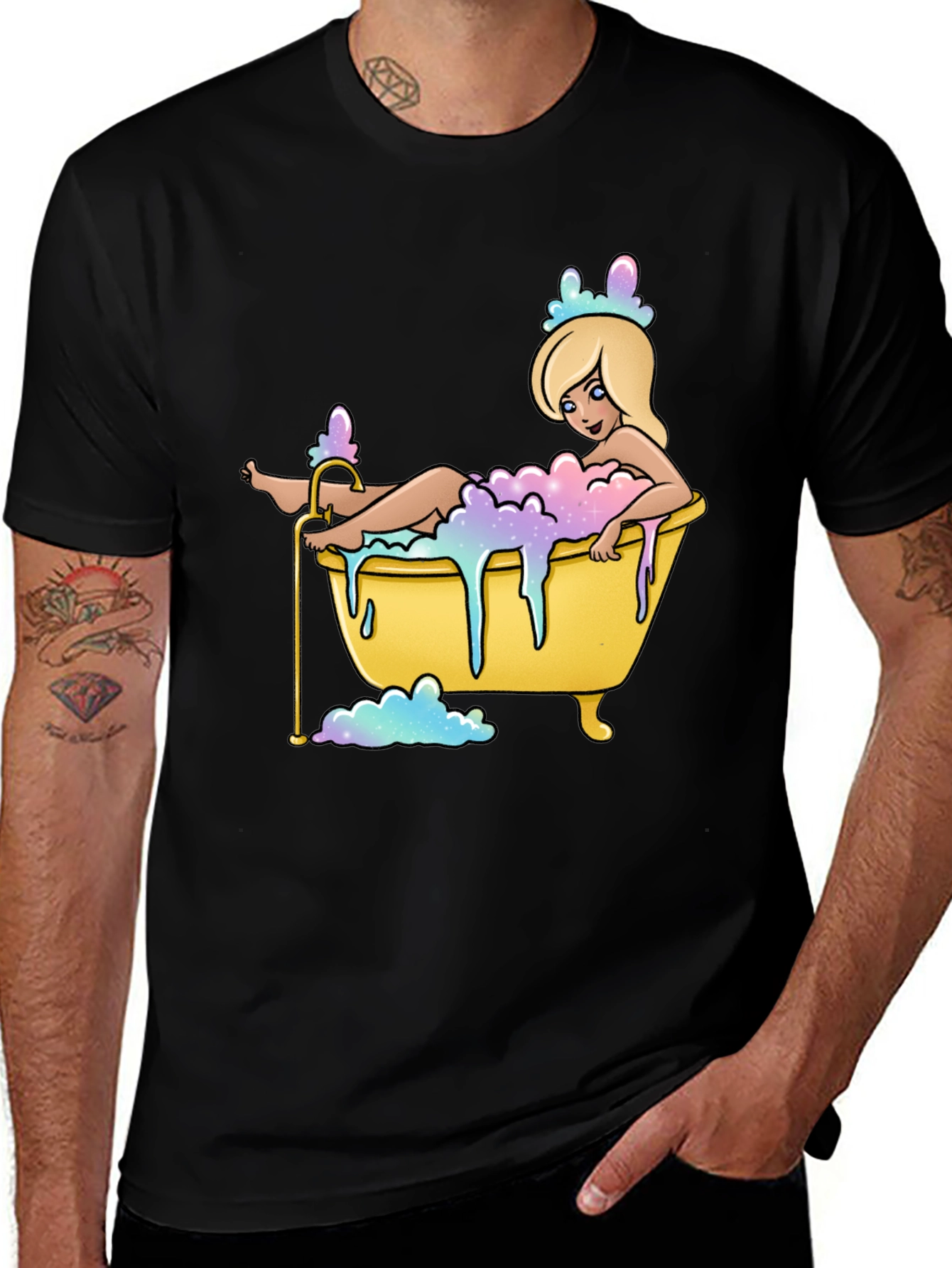 Variant 4 of Cartoon Girl Bathtub T-Shirt - Black Cotton Tee