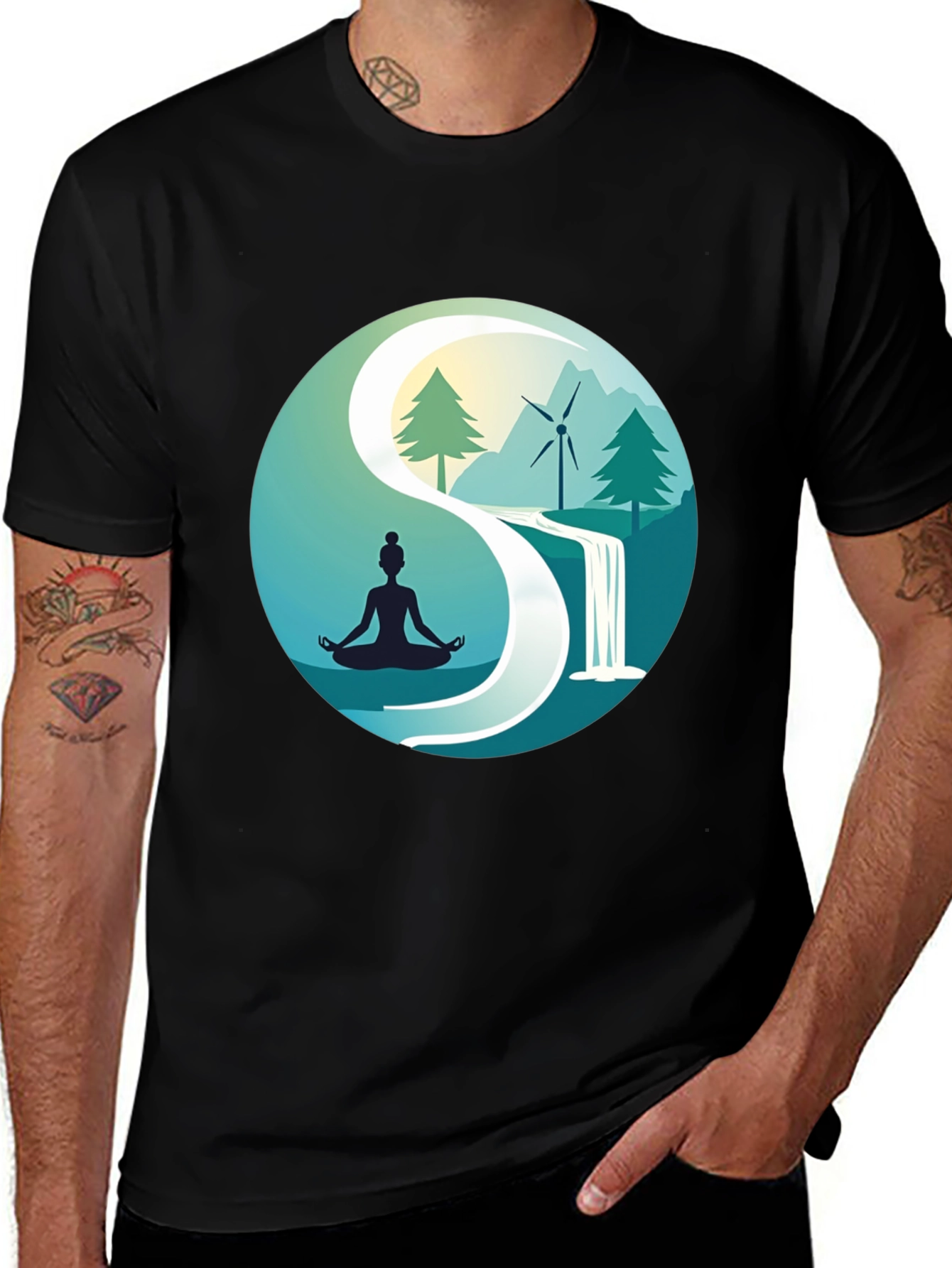 Black Nature Yin Yang T-Shirt - Meditation and Sustainability main image