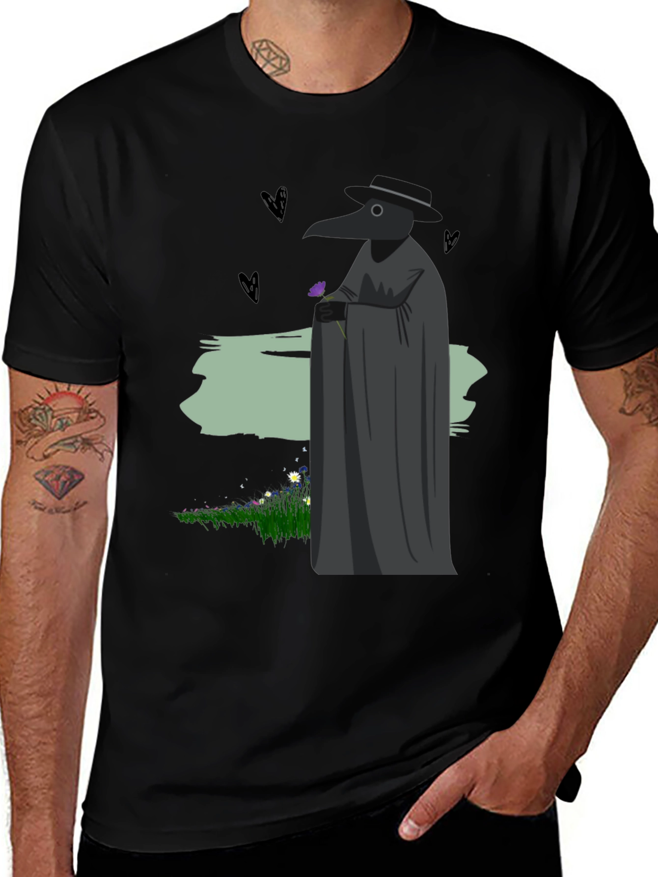 Variant 26 of Plague Doctor Black T-Shirt with Flower Graphic