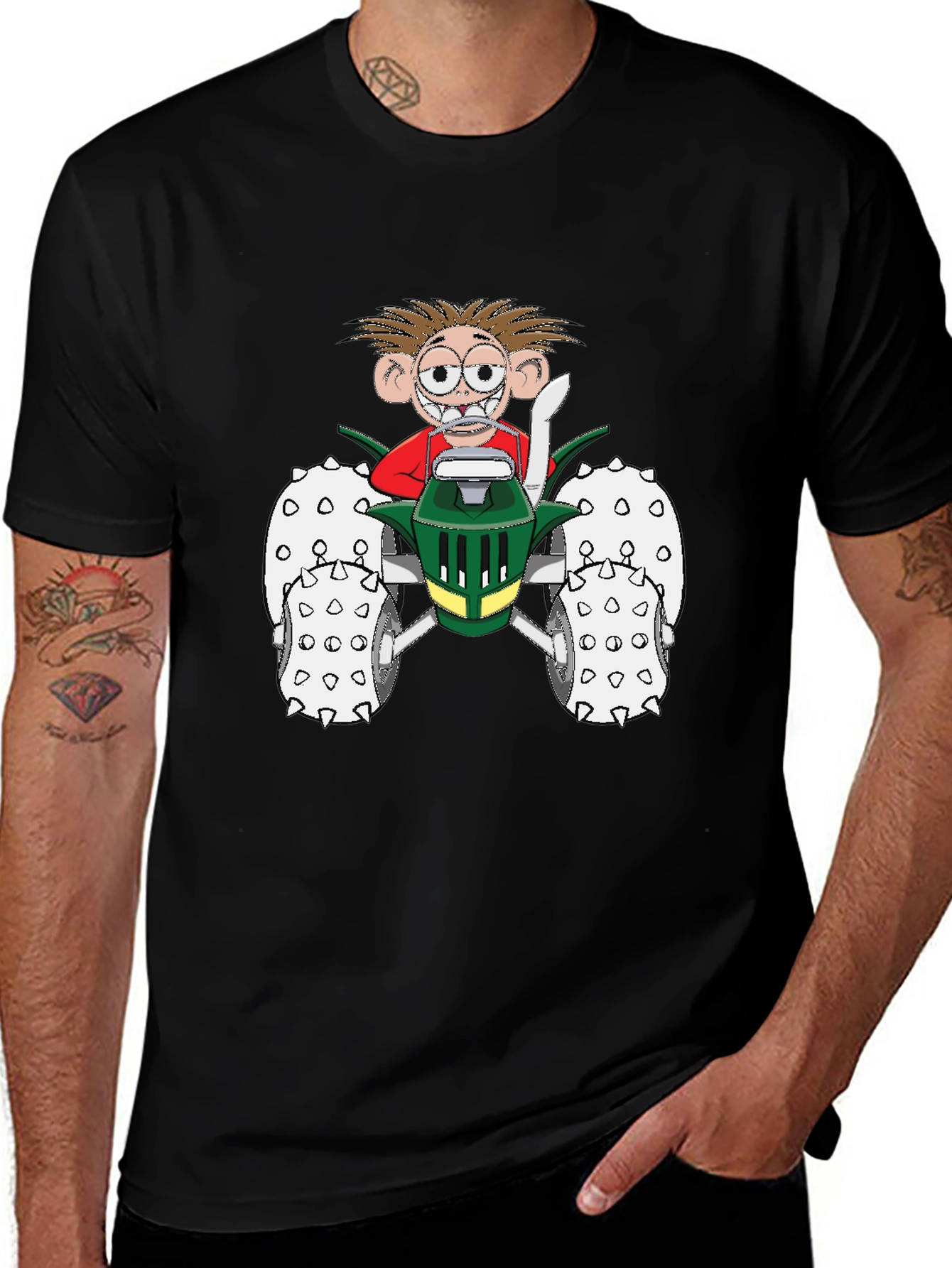Cartoon Character on Tractor Black T-Shirt