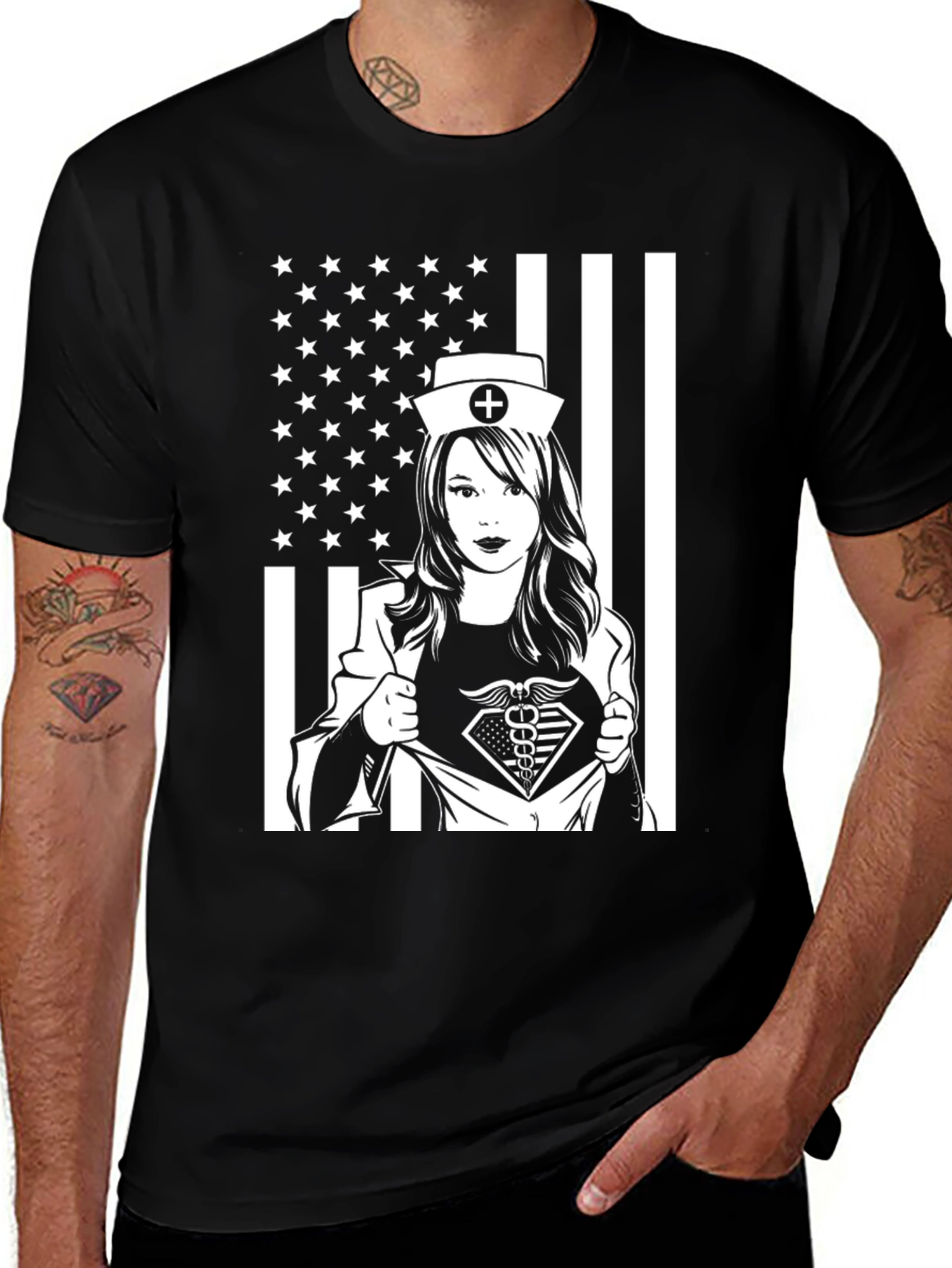 Nurse Superhero USA Flag T-Shirt - Black