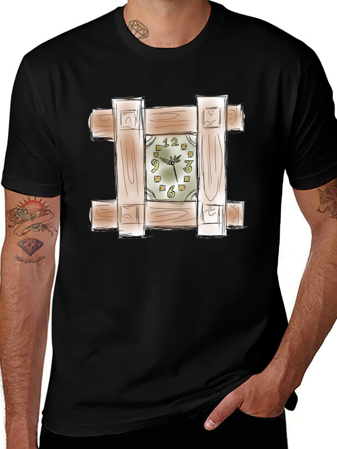 Variant 23 of Unique Wooden Clock Design Black T-Shirt